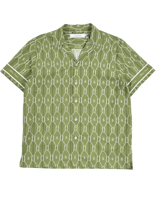 FILLING PIECES RESORT MONOGRAM SHIRT OLIVE green patterned short-sleeved shirt on a white background.