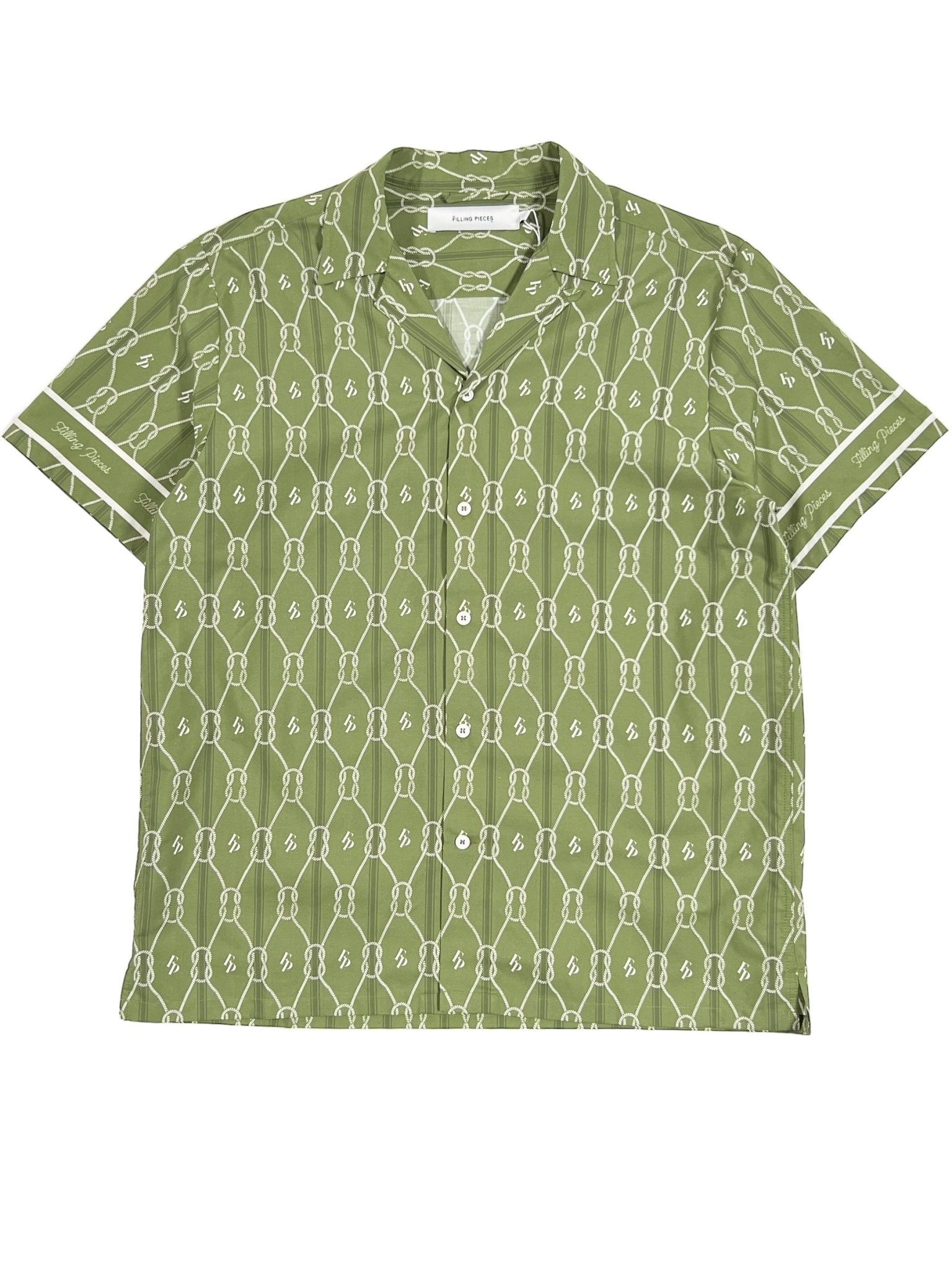 The Filling Pieces Resort Monogram Shirt Olive by FILLING PIECES is an olive green short-sleeve shirt made from 100% organic cotton, featuring a white geometric print throughout and a button-up front.