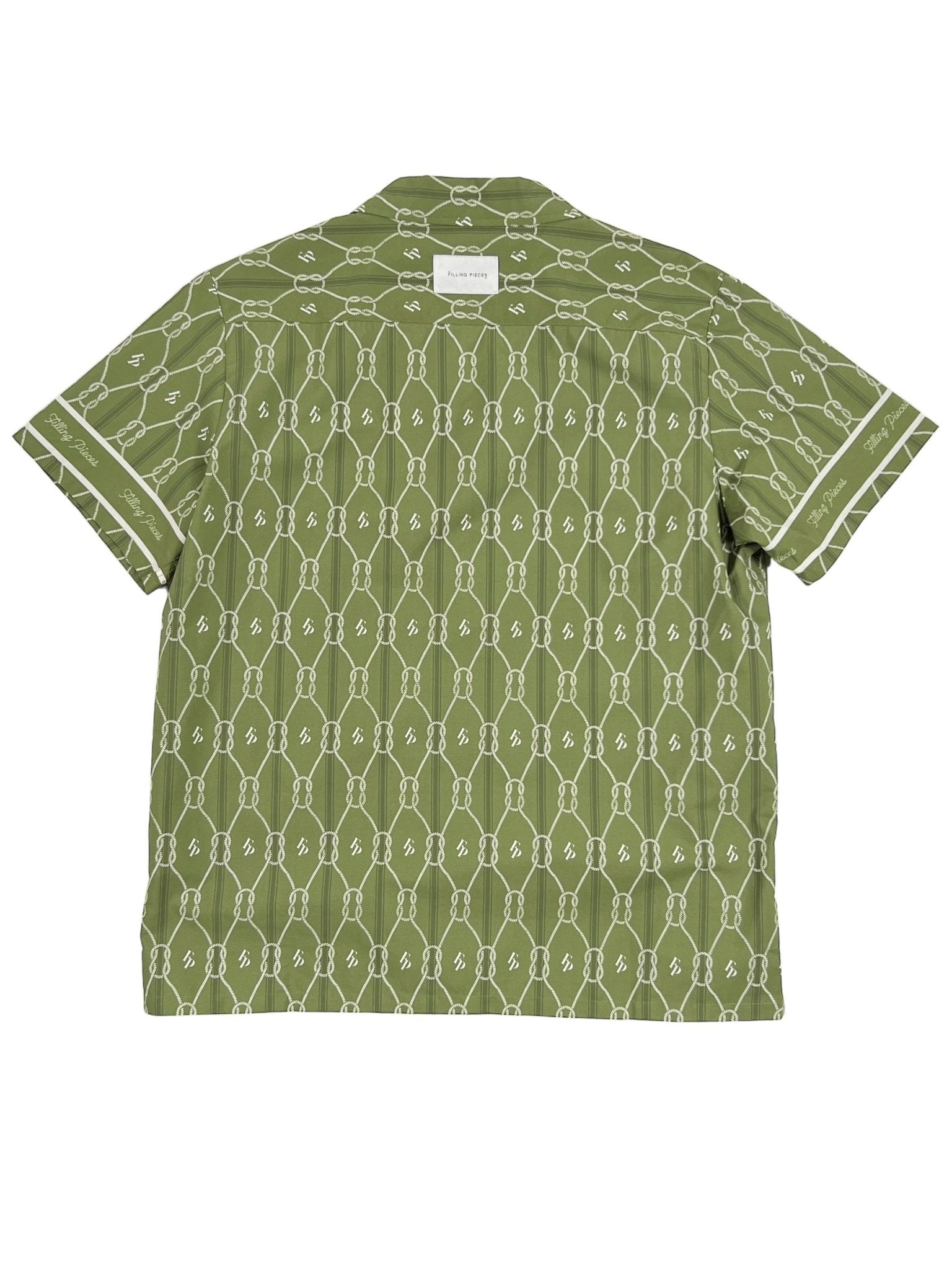 Back view of the Filling Pieces Resort Monogram Shirt Olive by FILLING PIECES, featuring an all-over white geometric pattern on a short-sleeve olive green design.