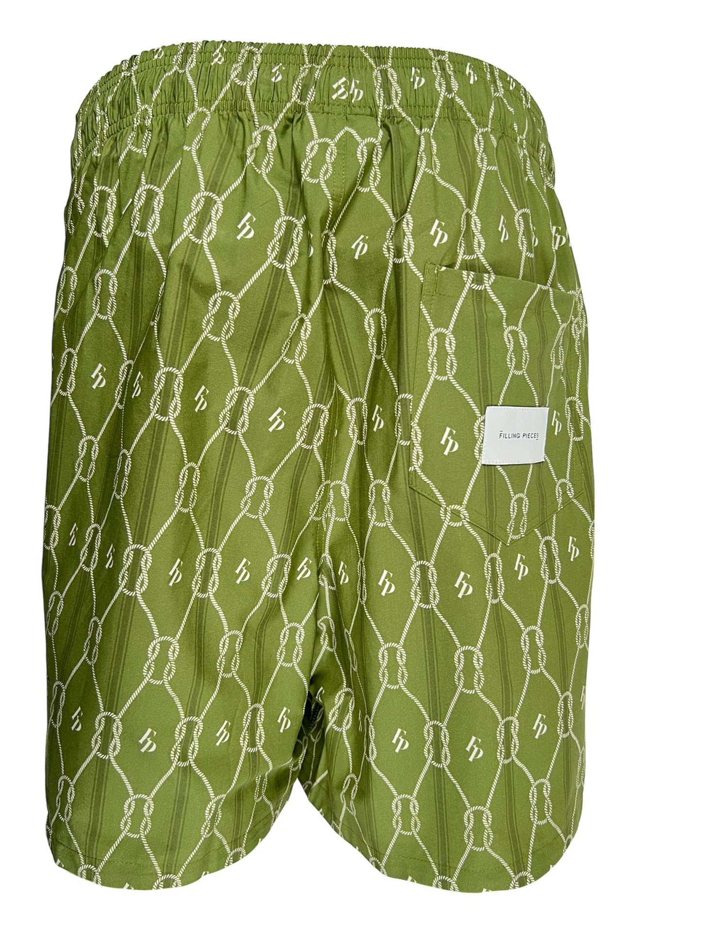 Filling Pieces olive green swim shorts with a white chain-link all-over print and a visible brand label.