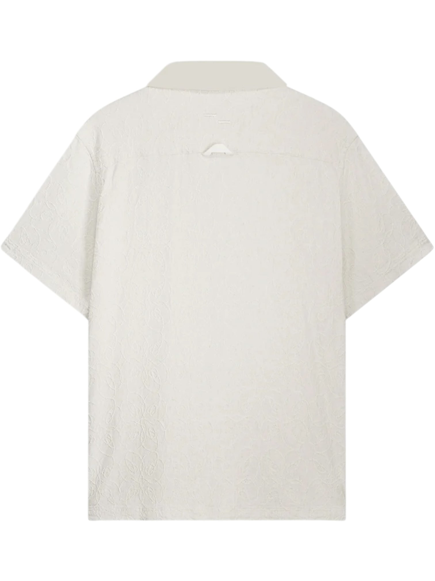 Back view of the FILLING PIECES Resort Shirt Petal, crafted in a linen-viscose blend with short sleeves, a subtle textured pattern, and a small cutout below the collar.