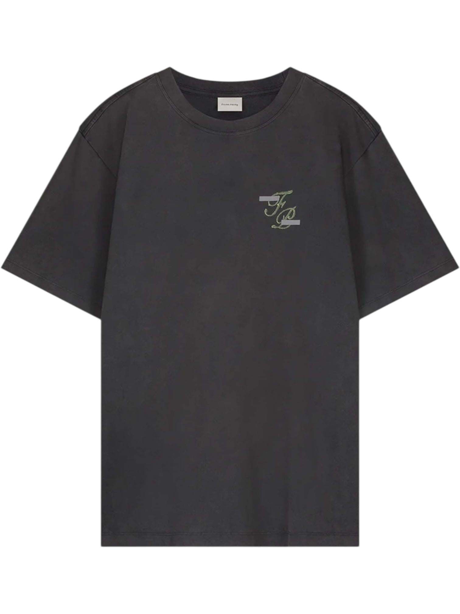 The Filling Pieces Topiary T-shirt Vintage Black by FILLING PIECES is a vintage-inspired organic cotton tee with short sleeves and a small, stylized "FG" logo on the left chest.