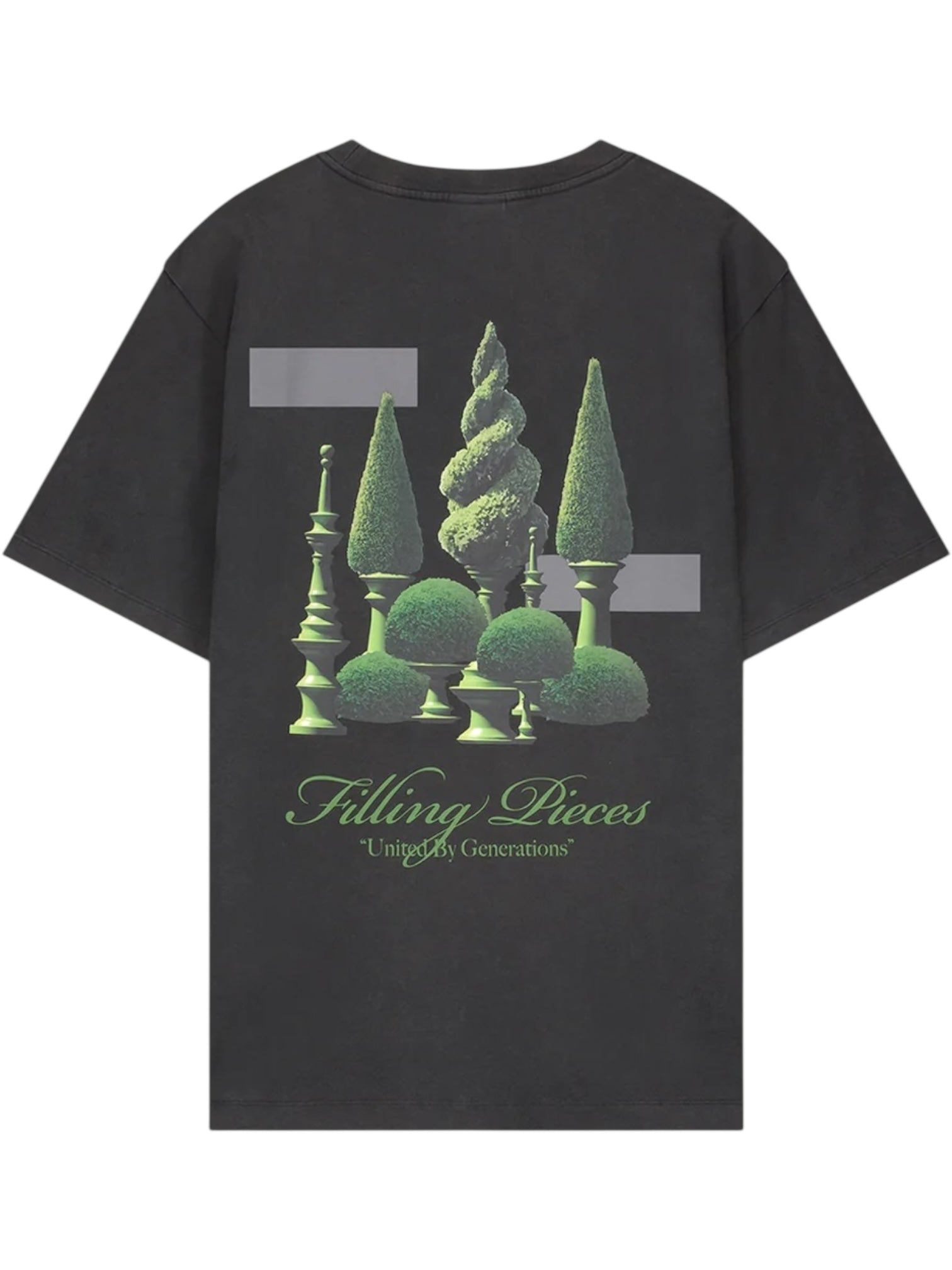 The Filling Pieces Topiary T-shirt Vintage Black by FILLING PIECES is made from organic cotton and features a topiary chess piece graphic, with "Filling Pieces" and "Uniting Generations" printed on the back.