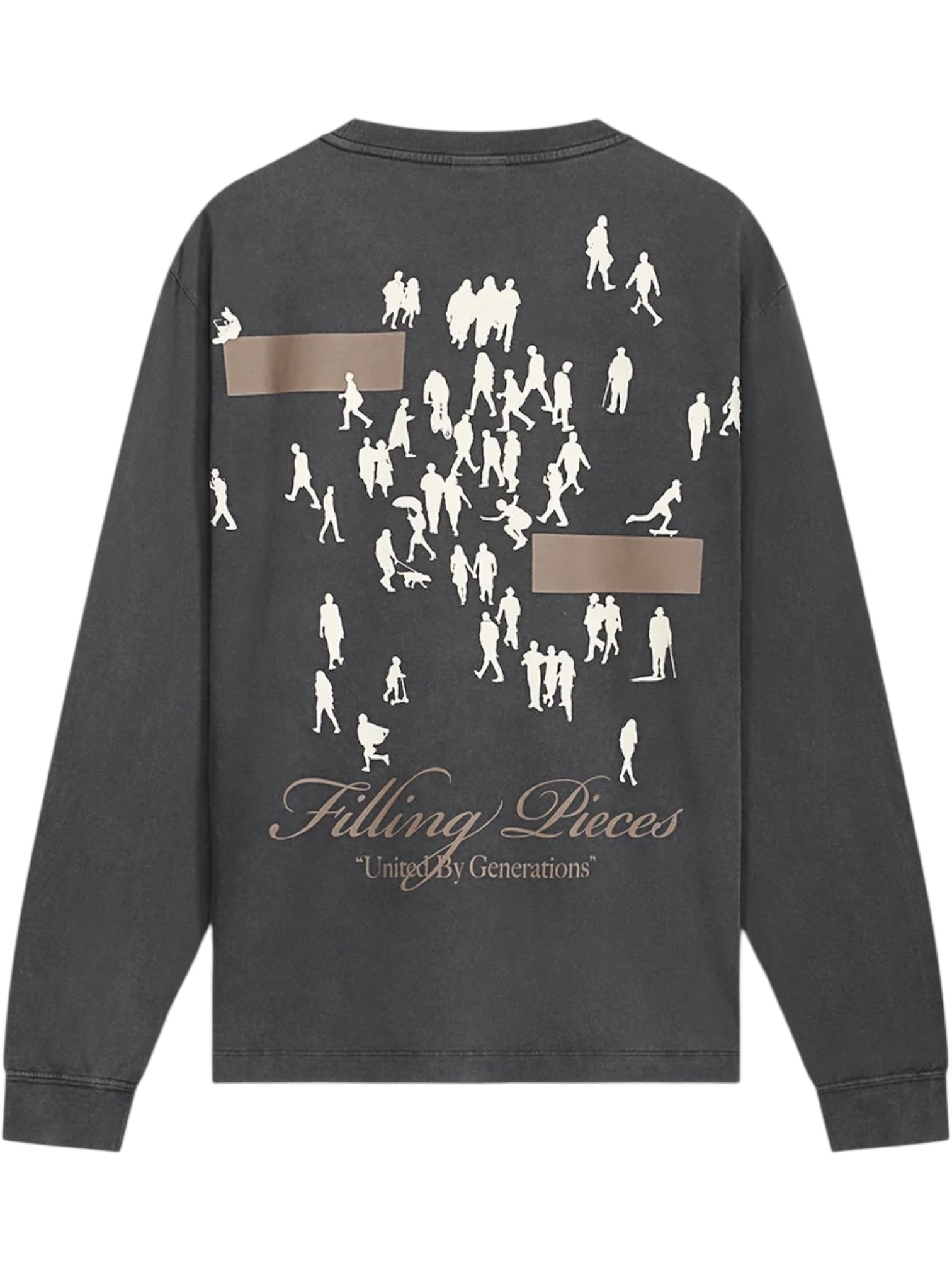 The Filling Pieces United By Generations L/S Vintage Black by FILLING PIECES is a black organic cotton long-sleeve featuring white silhouettes, tan rectangles, and “Filling Pieces ‘United By Generations’” text on the back.