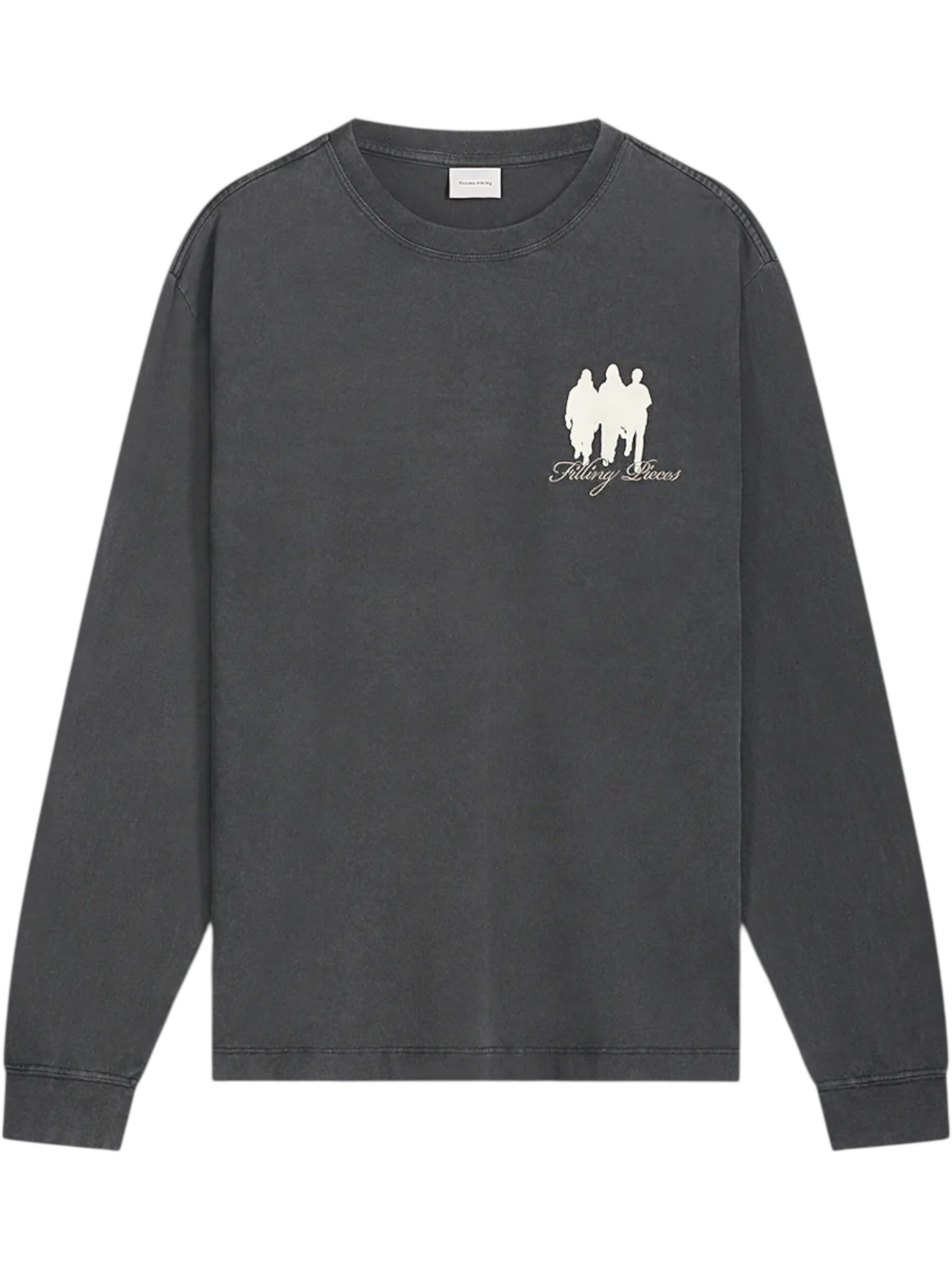 The Filling Pieces United By Generations L/S Vintage Black by FILLING PIECES is a long-sleeve organic cotton shirt in faded black, featuring premium softness and a small white "Friday Shoes" graphic with three silhouettes on the left chest.