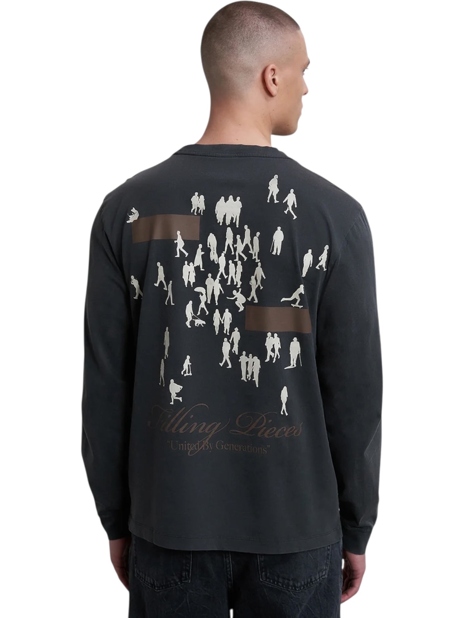 Someone wearing the Filling Pieces United By Generations L/S Vintage Black by FILLING PIECES, made from soft organic cotton and featuring small white silhouette figures printed on the back.