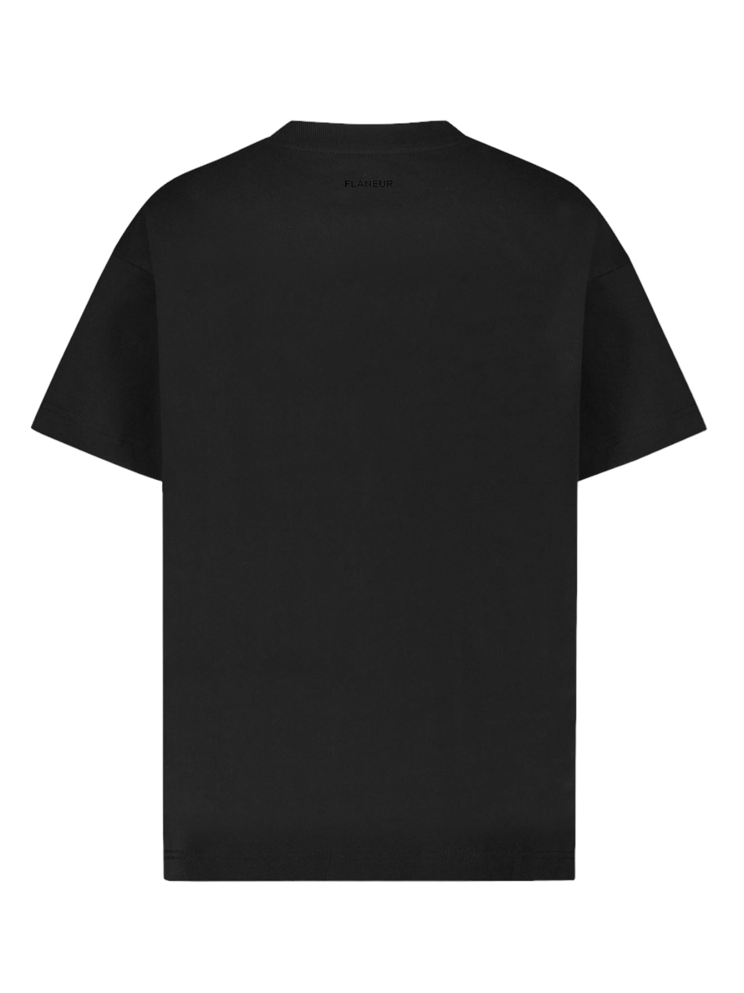 The back view of a Flaneur Artist T-Shirt Black by FLANEUR, crafted from soft cotton jersey, is displayed against a white background.