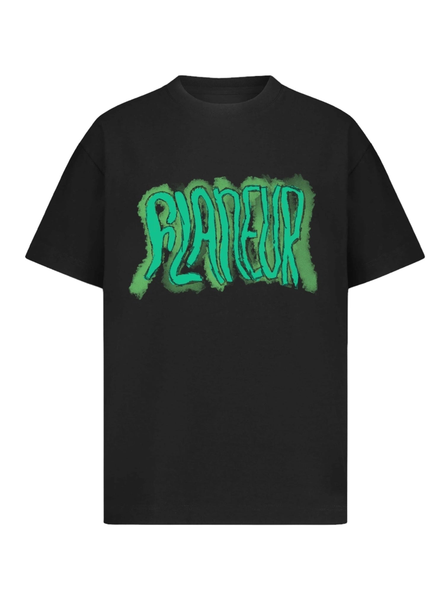 The Flaneur Artist T-Shirt Black by FLANEUR is made of soft cotton jersey and showcases "FLÂNEUR" in green stylized lettering on the front.