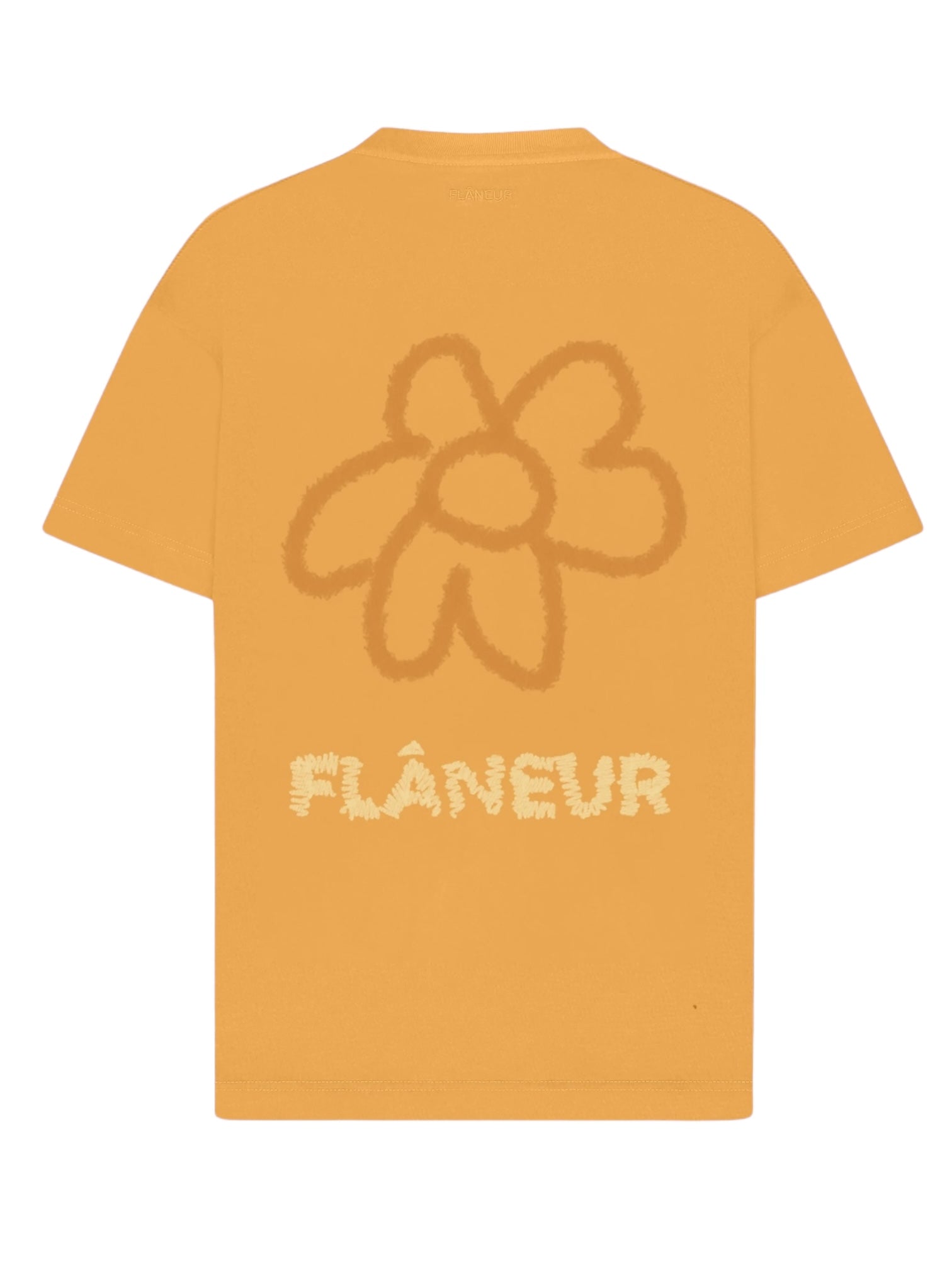 Introducing the Flaneur Flower Doodle T-Shirt Org by FLANEUR, showcasing a bold abstract flower doodle graphic on the front and the word "FLÂNEUR" elegantly printed on the back. Crafted from soft cotton jersey for ultimate comfort and style.