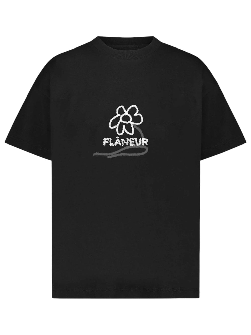 FLANEUR FLOWER STALK T-SHIRT in black cotton jersey, featuring a white abstract flower design with the word "FLANEUR" elegantly written below it.