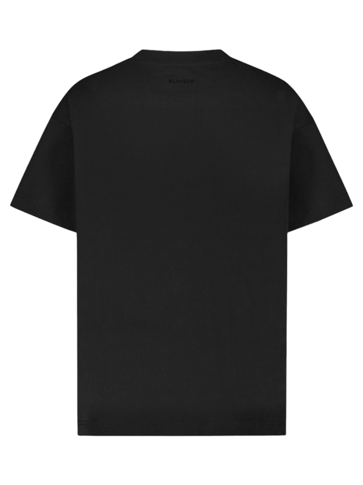 FLANEUR's FLANEUR FLOWER STALK T-SHIRT BLACK, displayed from the back, features a plain design and is crafted from soft cotton jersey, with no visible logos or graphics.