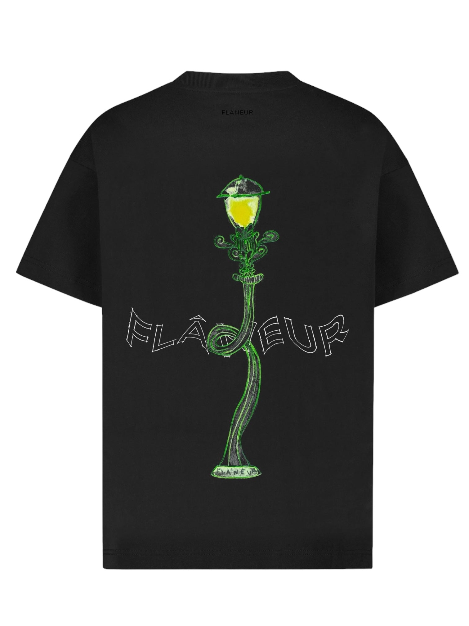FLANEUR's Black Lantern T-Shirt features a neon green street lamp illustration and the word "FLÂNEUR" across the back, made from 100% cotton.