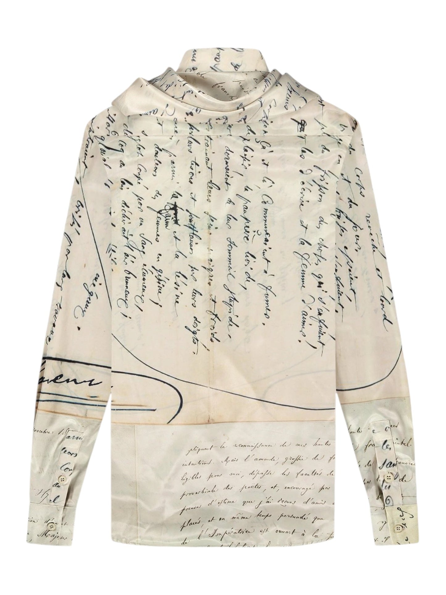 The FLANEUR LETTER VISCOSE SHIRT BEIGE by FLANEUR features a handwritten script pattern in black ink on an off-white background. This long-sleeve shirt has a button-up design, a collar, and comes with an attached scarf for added flair.