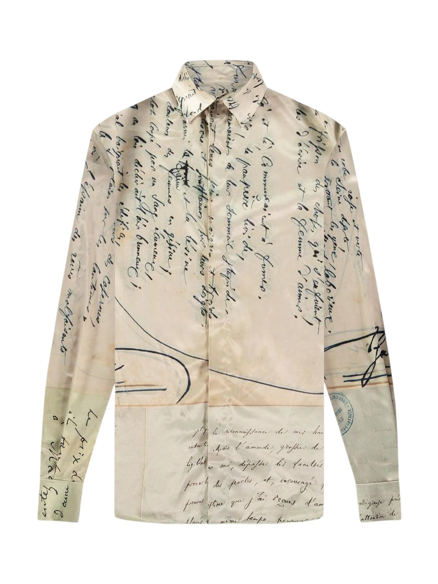 The FLANEUR LETTER VISCOSE SHIRT BEIGE by FLANEUR is a long-sleeve shirt featuring a hand-written letter pattern in cursive text scattered across the fabric.