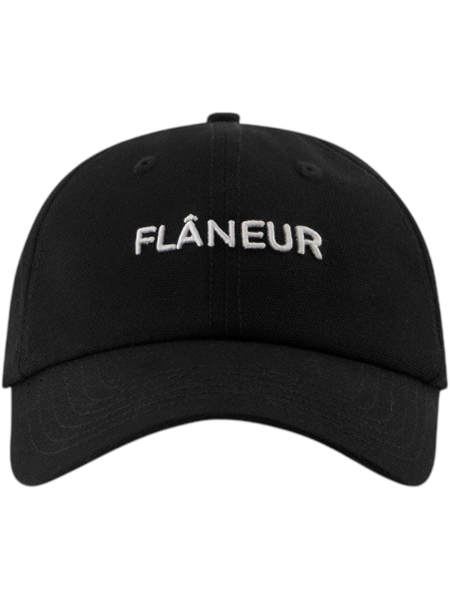 The FLANEUR Flaneur Logo Cap Black is a minimalist cotton cap with "FLÂNEUR" boldly embroidered in white on the front.