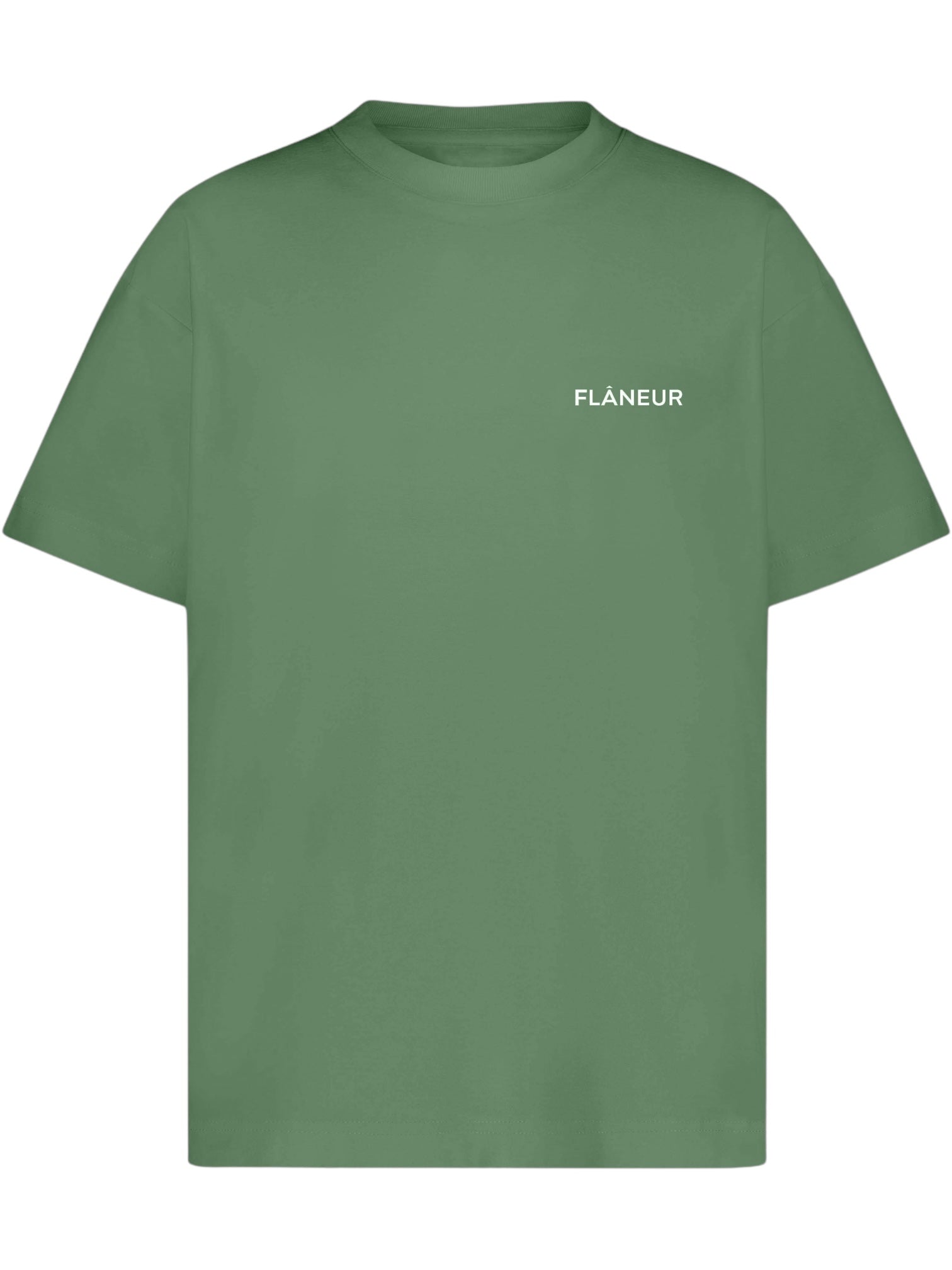 The FLANEUR Flaneur Logo T-Shirt Khaki is a cotton tee with a subtle "FLÂNEUR" logo in small white letters printed on the upper left chest.