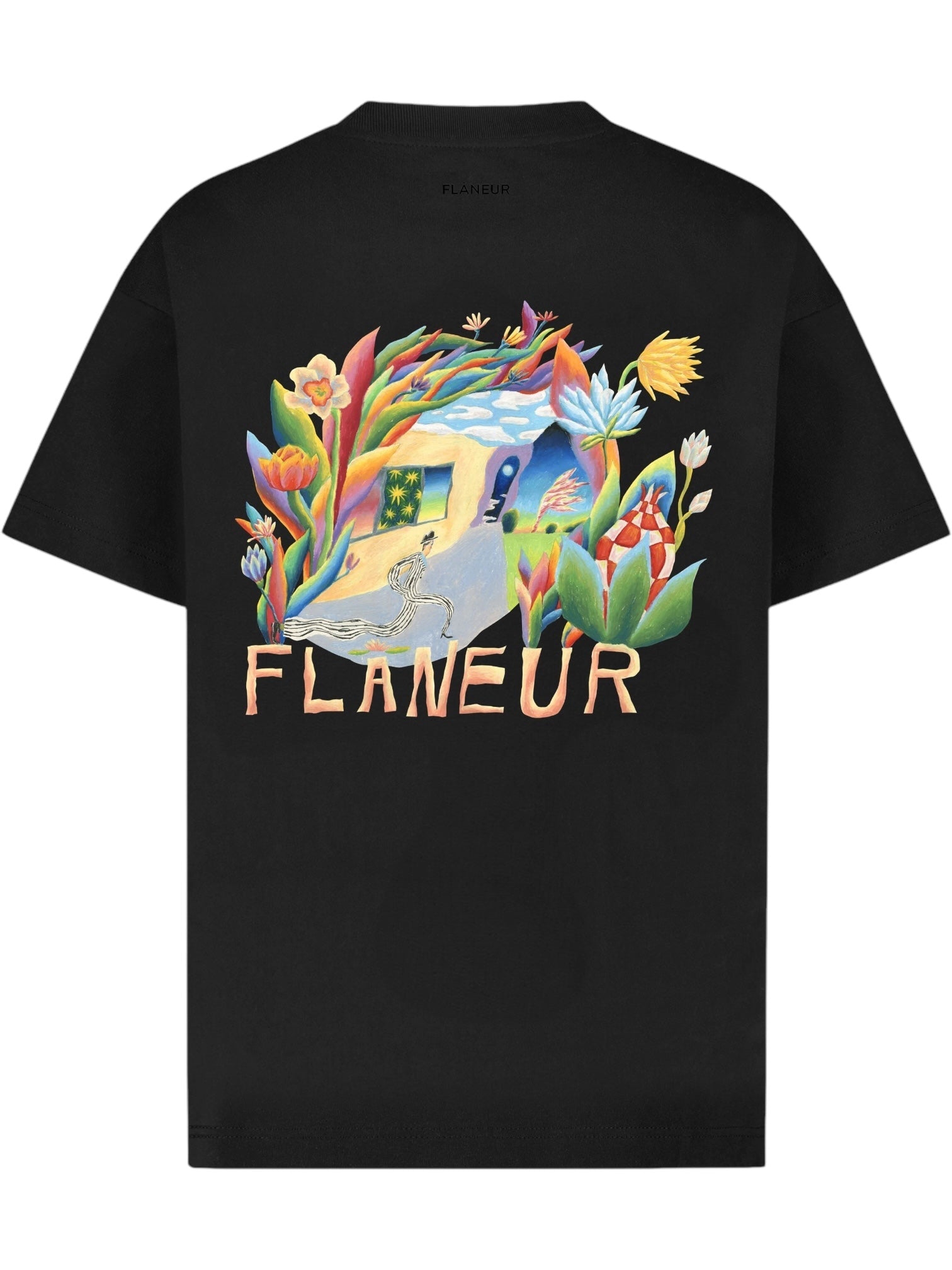 The FLANEUR Passage of Time T-Shirt in black features a colorful surreal landscape with plants, house, and "FLÂNEUR" below the artwork—a bold graphic tee for any collection.