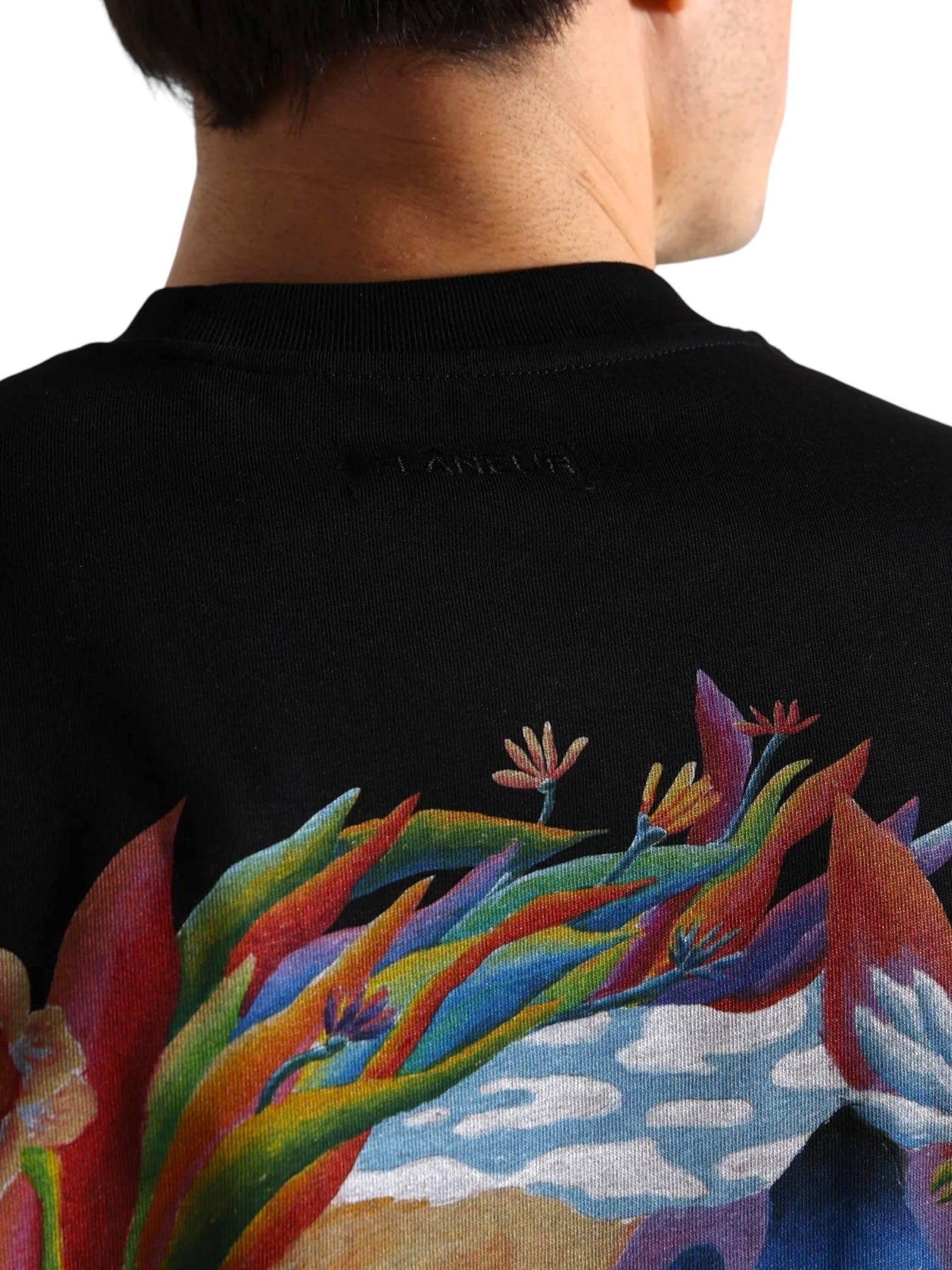 A person shown from behind wearing the FLANEUR Flaneur Passage of Time T-Shirt Black, featuring a colorful abstract plant and cloud design on the back.
