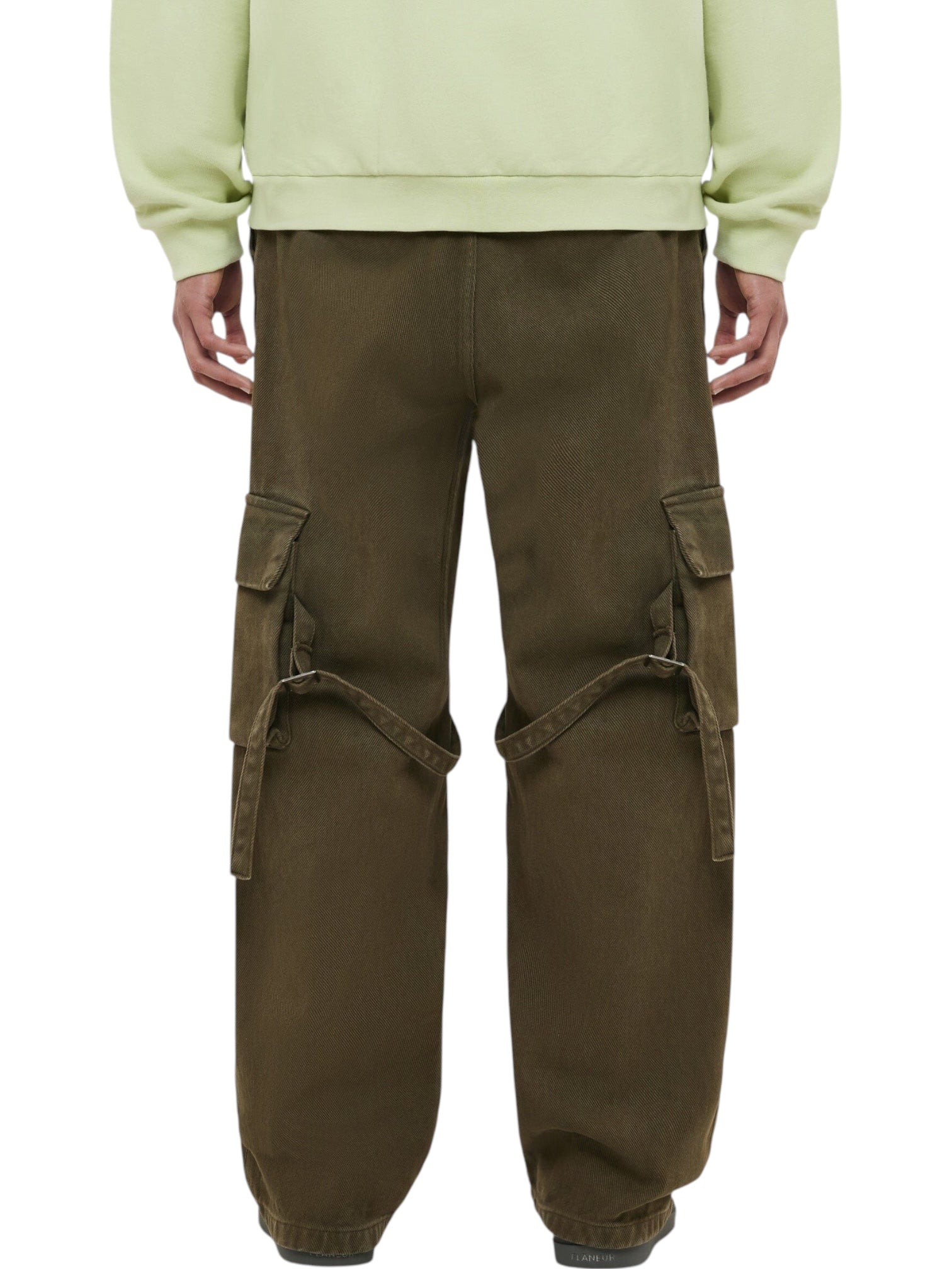 A person wearing FLANEUR Flaneur Phone Pocket Cargo Trousers in army green, featuring side pockets, a phone pocket, and adjustable straps, viewed from the back.