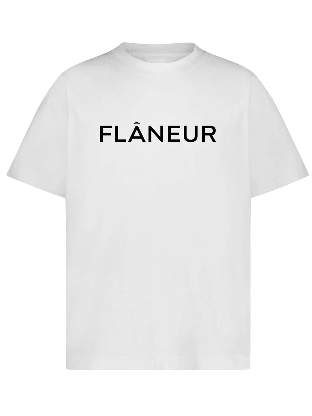 The Flaneur Printed Logo T-Shirt in White, by FLANEUR, showcases bold black "FLÂNEUR" lettering on the front, adding a stylish twist to this classic cotton jersey T-shirt.