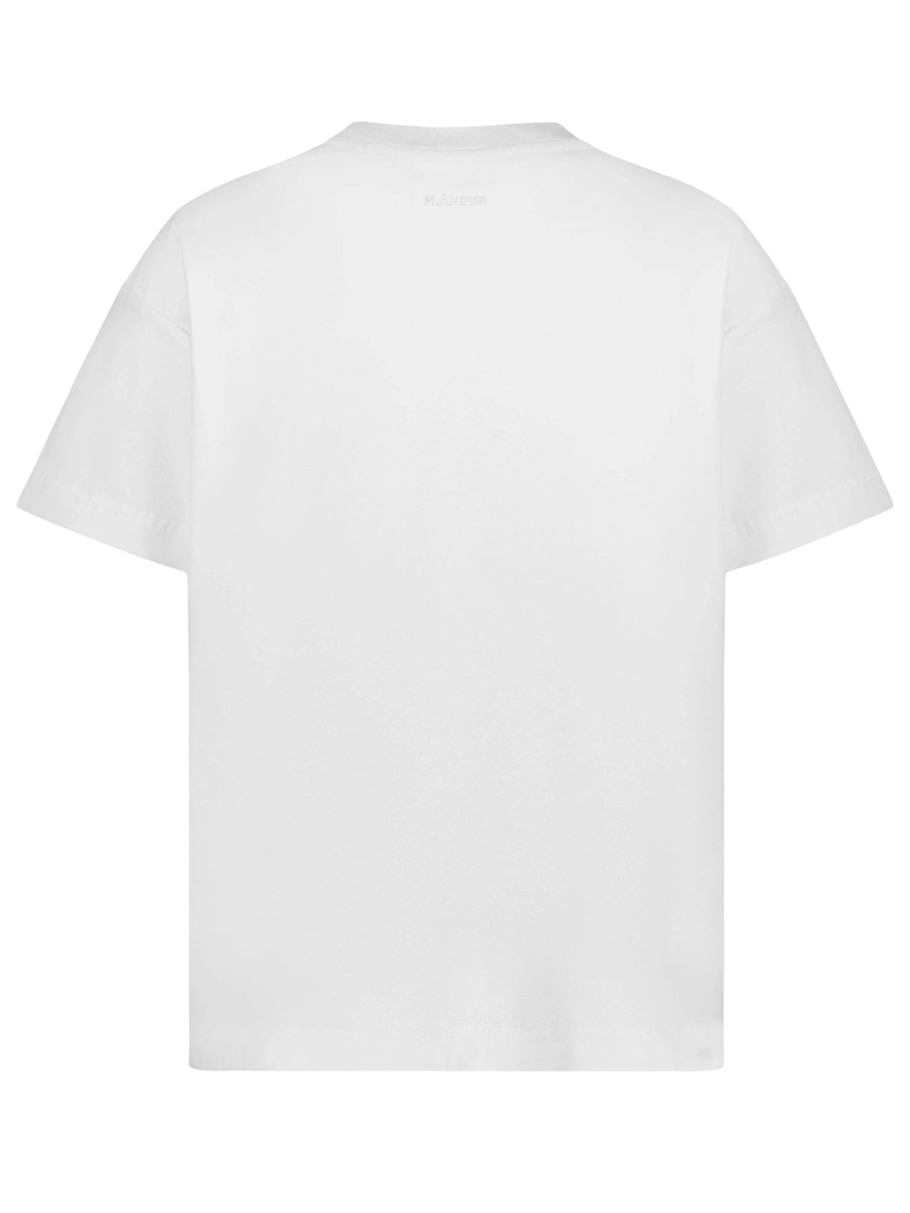 The Flaneur Printed Logo T-Shirt in white by FLANEUR, crafted from soft cotton jersey, features subtle lettering on the back that adds a touch of sophistication.