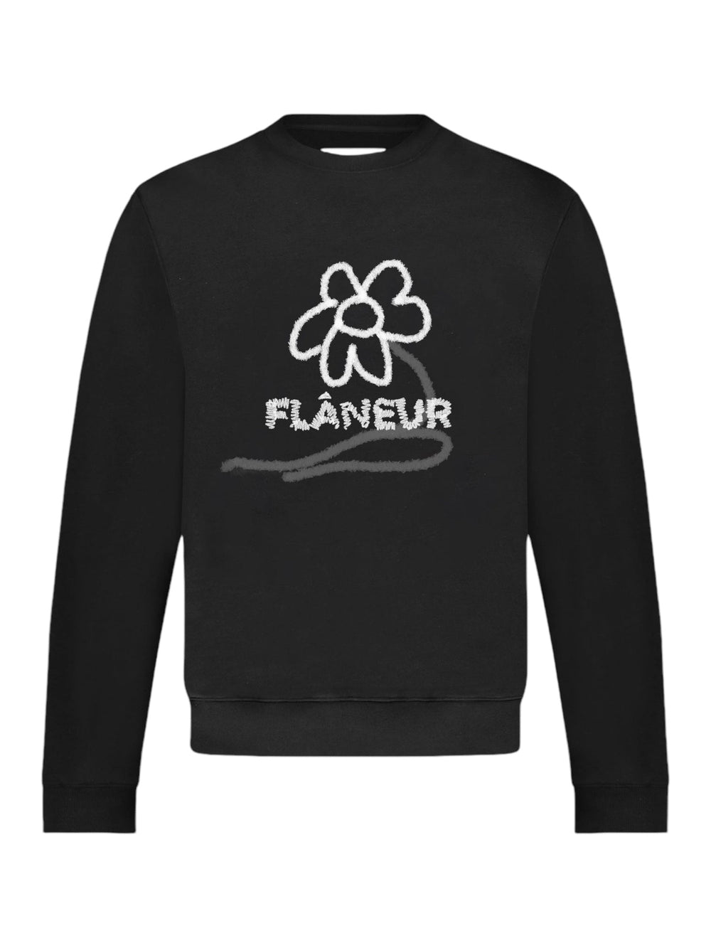 The FLOWER STALK SWEATER in black, made from soft cotton jersey, features a floral doodle graphic with "FLANEUR" embroidered in white on the front.