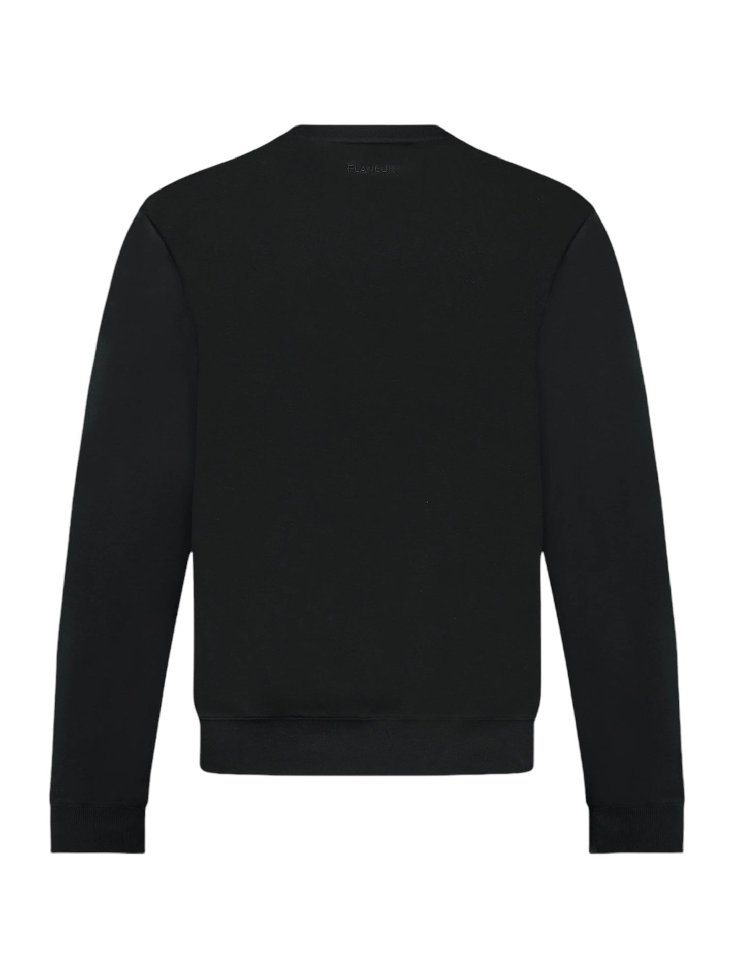 Back view of the FLANEUR FLOWER STALK SWEATER in black, featuring a plain design with a crew neck, ribbed cuffs and hem, made from soft cotton jersey.