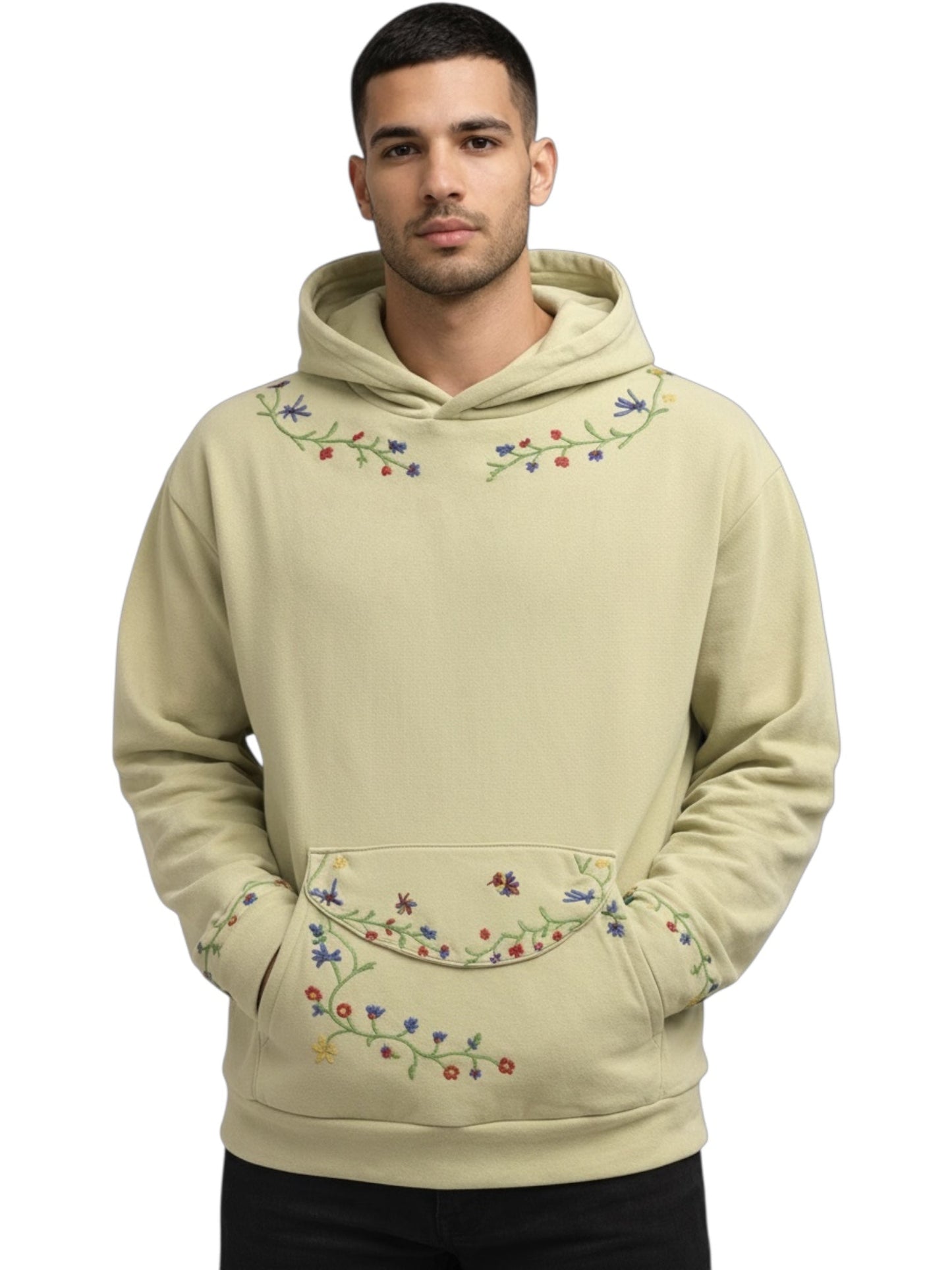 Found Embroidered Floral Hoodie Washed Military