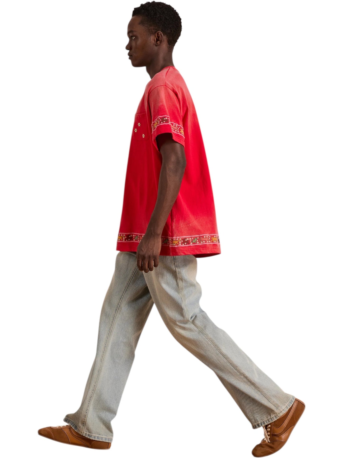 Found Embroidered Flower Border Tee Red