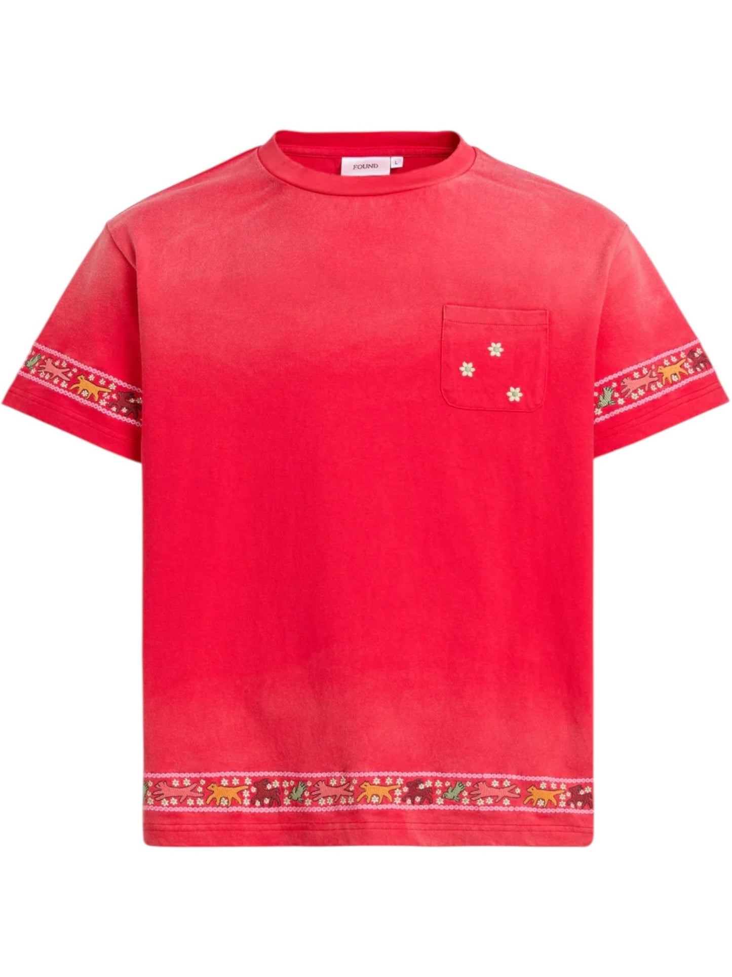 Found Embroidered Flower Border Tee Red