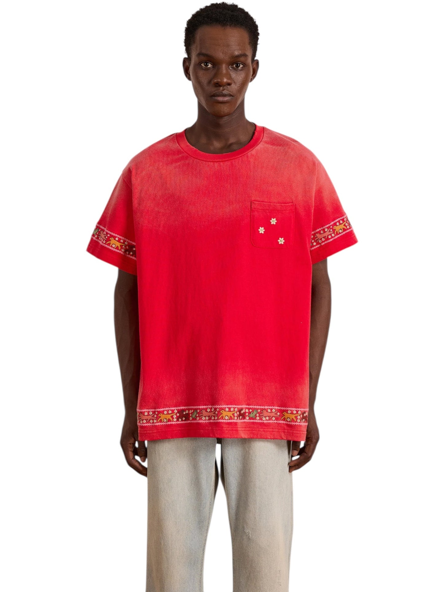 Found Embroidered Flower Border Tee Red