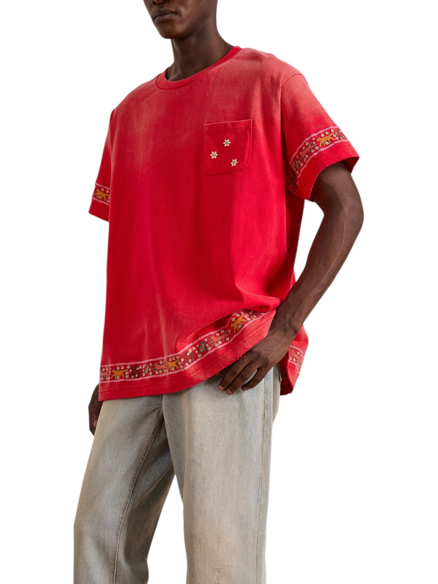 Found Embroidered Flower Border Tee Red