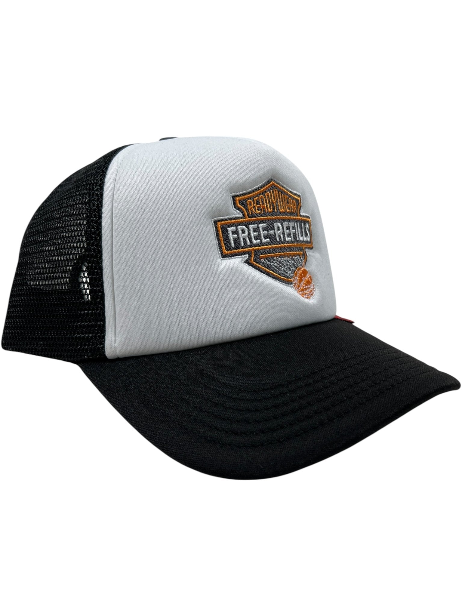 The FREE REFILLS Free Refills Harley Trucker (FR-C3-39) White/Black features a mesh back and an embroidered front patch reading "FREE REFILLS" with a small basketball graphic.