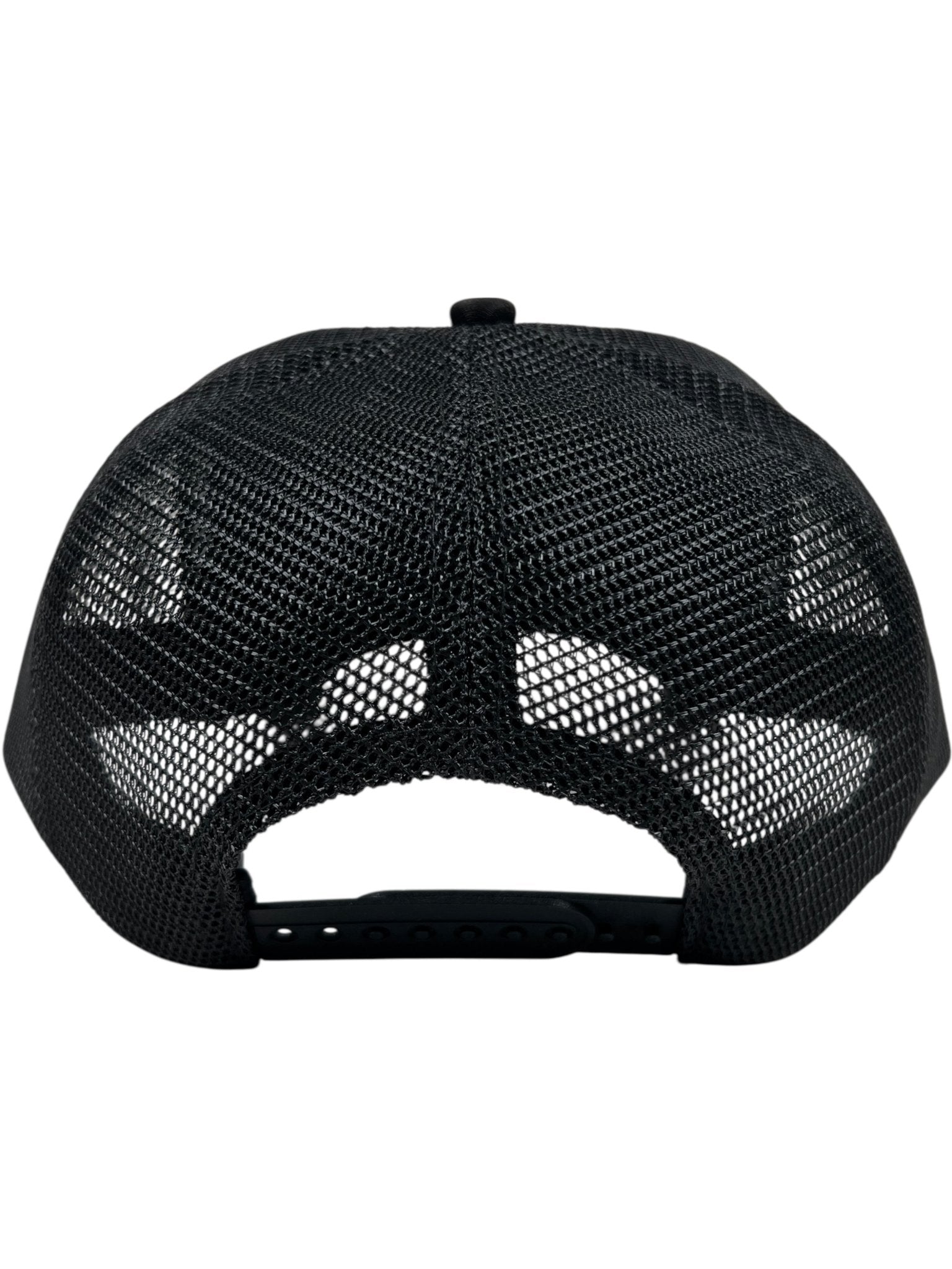 The image shows the back of the FREE REFILLS Free Refills Harley Trucker (FR-C3-39) hat in white/black, featuring mesh panels and an adjustable snapback closure—ideal for fans of FREE REFILLS style.