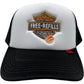 The FREE REFILLS Free Refills Harley Trucker (FR-C3-39) White/Black features a "Free Refills" embroidered patch on the front and a small red tag on the brim.