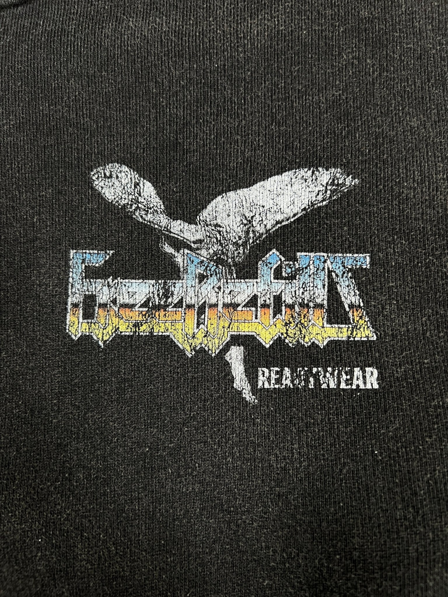 A flying bird graphic above distressed "F*** THIS" and "READYWEAR" text features on the FREE REFILLS Free Refills Showcase Hoodie (FR-C3-27) in vintage black, a heavyweight hoodie with a faded wash.