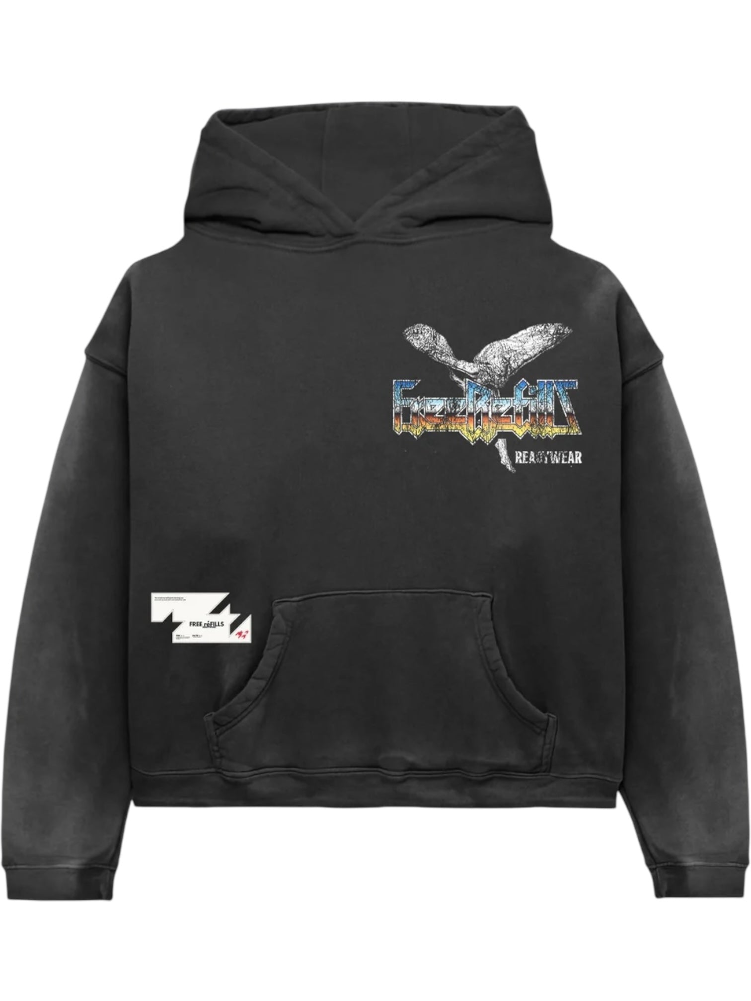 The FREE REFILLS Free Refills Showcase Hoodie (FR-C3-27) in vintage black is a French terry cotton hoodie with a front pocket, flying bird graphic, stylized text, and white details on the lower front.
