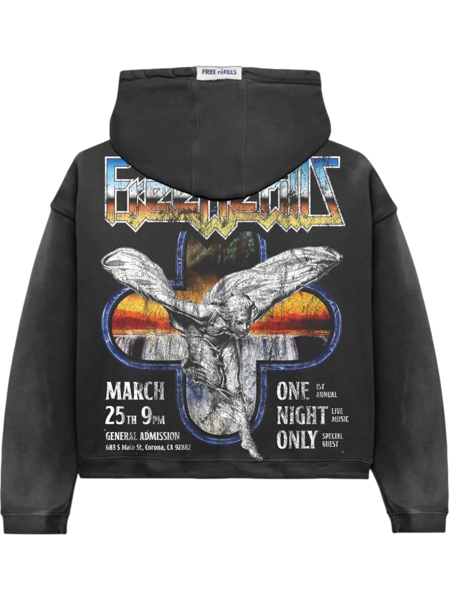 The FREE REFILLS Free Refills Showcase Hoodie (FR-C3-27) in vintage black features an angel graphic, bold "FREE SOULS" text, live music event details for March 25th at 9 PM in Corona, CA, and a classic vintage fade wash.