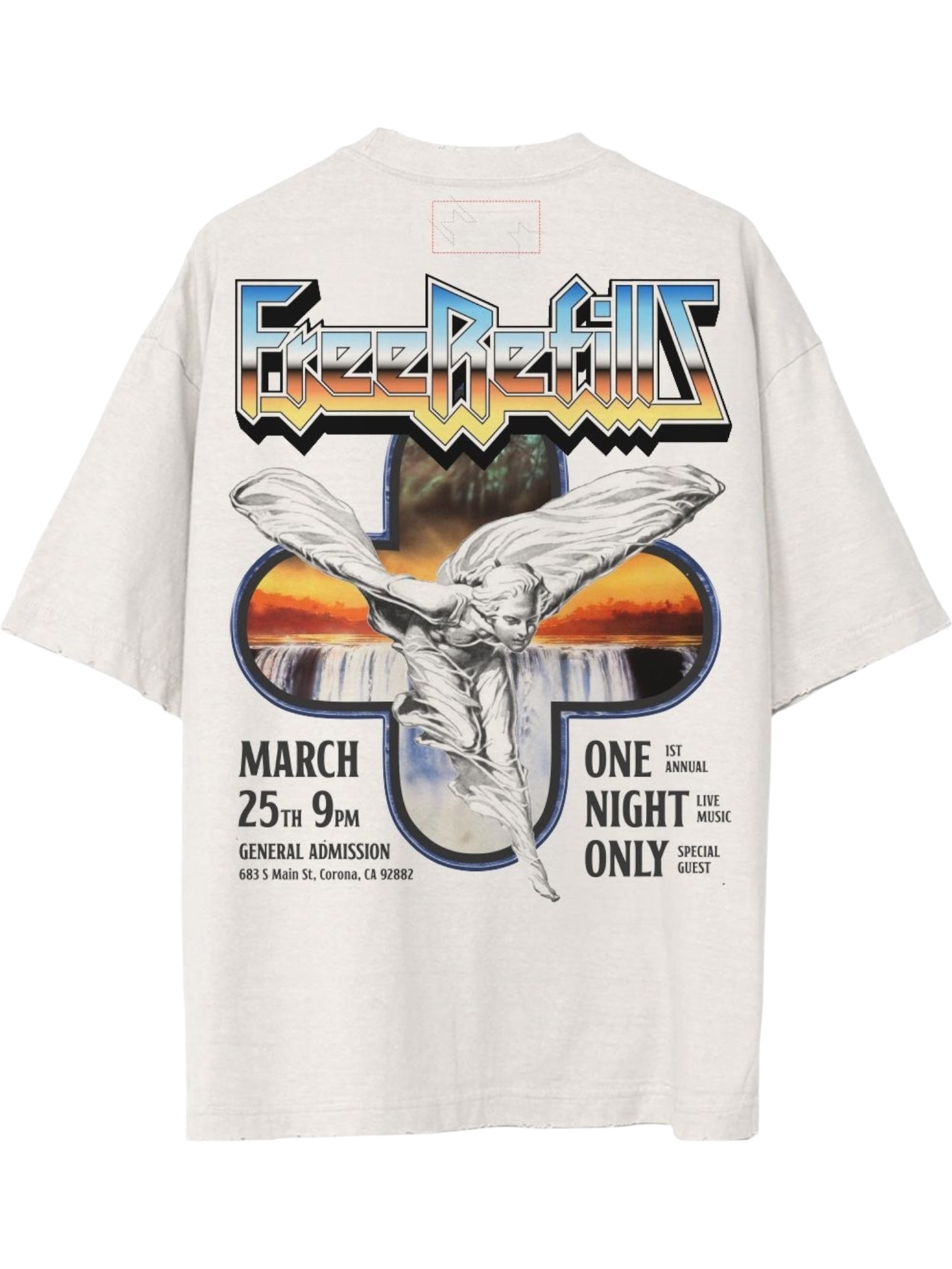 The FREE REFILLS Free Refills Showcase Tee (FR-C3-7) in white features a "Free Refills" graphic with a winged figure, waterfalls, and live music show details for March 25th, 9 PM in Corona, CA.