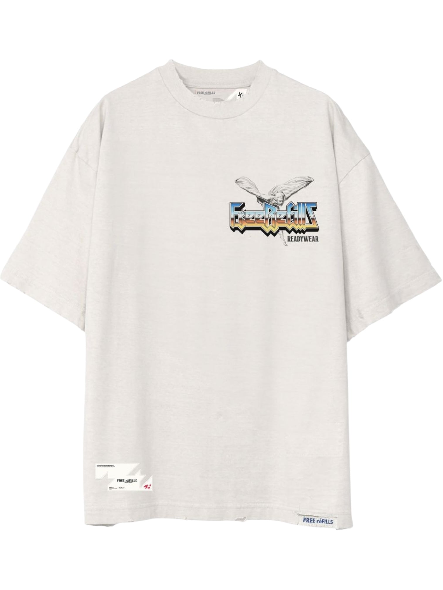 The FREE REFILLS Free Refills Showcase Tee (FR-C3-7) White is an oversized light grey graphic t-shirt with chest text and crossed bird wings, plus small labels near the bottom hem.