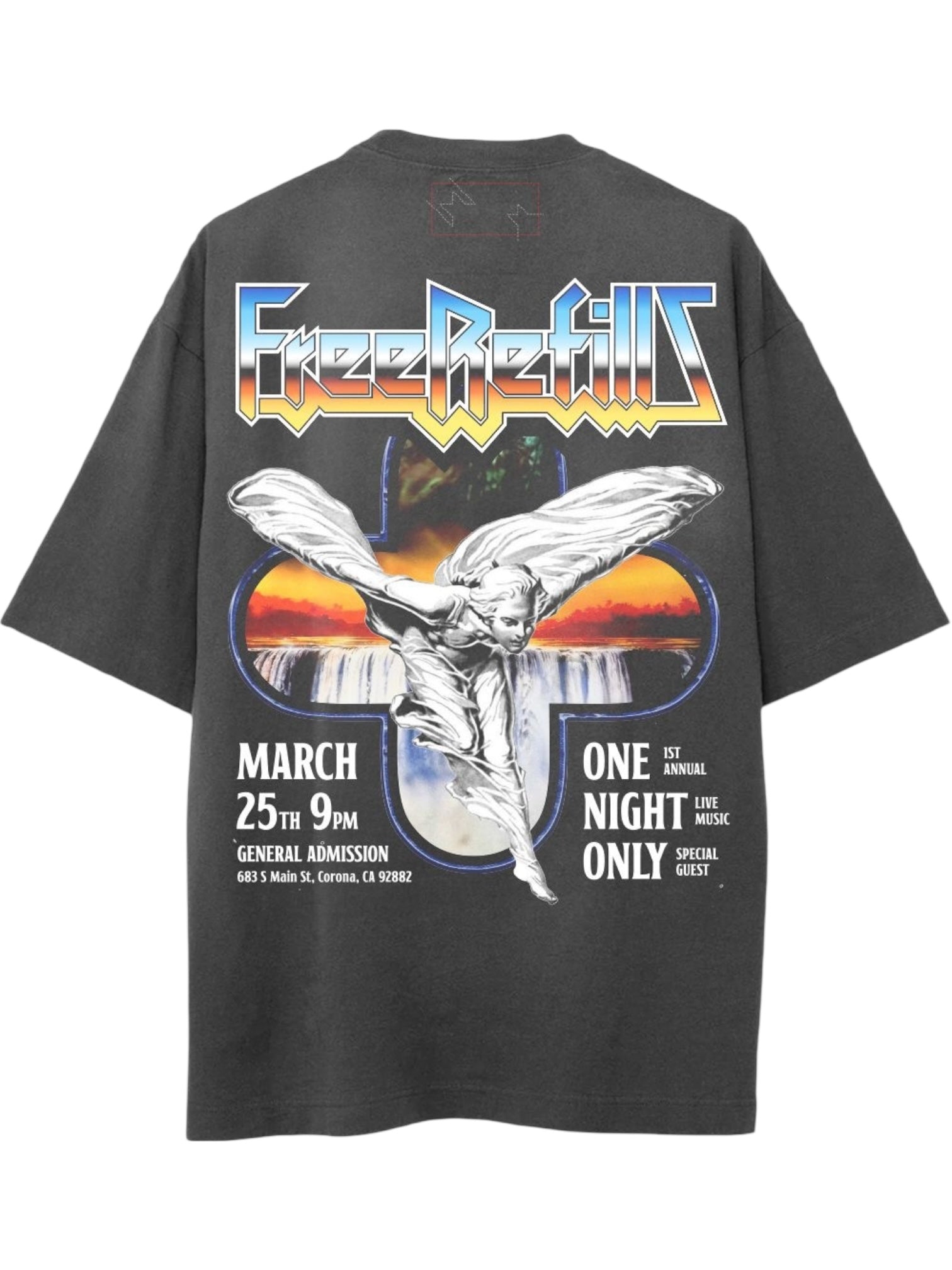 The FREE REFILLS Free Refills Showcase Tee (FR-C3-8) in vintage black features a winged statue, waterfall, sunset, and bold graphics for the March 25th 9pm concert in Corona, CA.