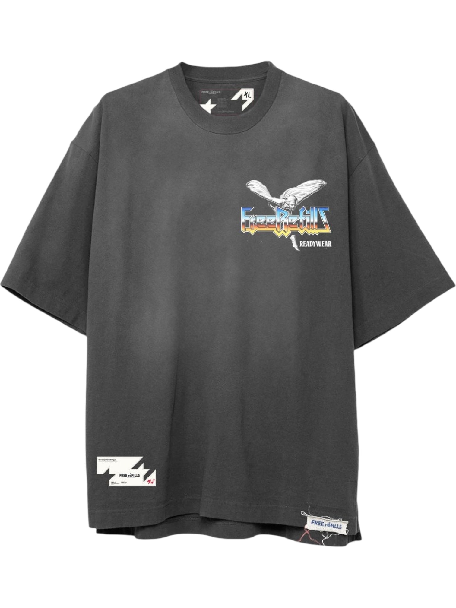 The Free Refills Showcase Tee (FR-C3-8) in vintage black by FREE REFILLS is an oversized graphic t-shirt featuring an eagle, "FREE FIGHTS READTWEAR" text, unique Free Refills vibe, small front text, and tags near the hem.