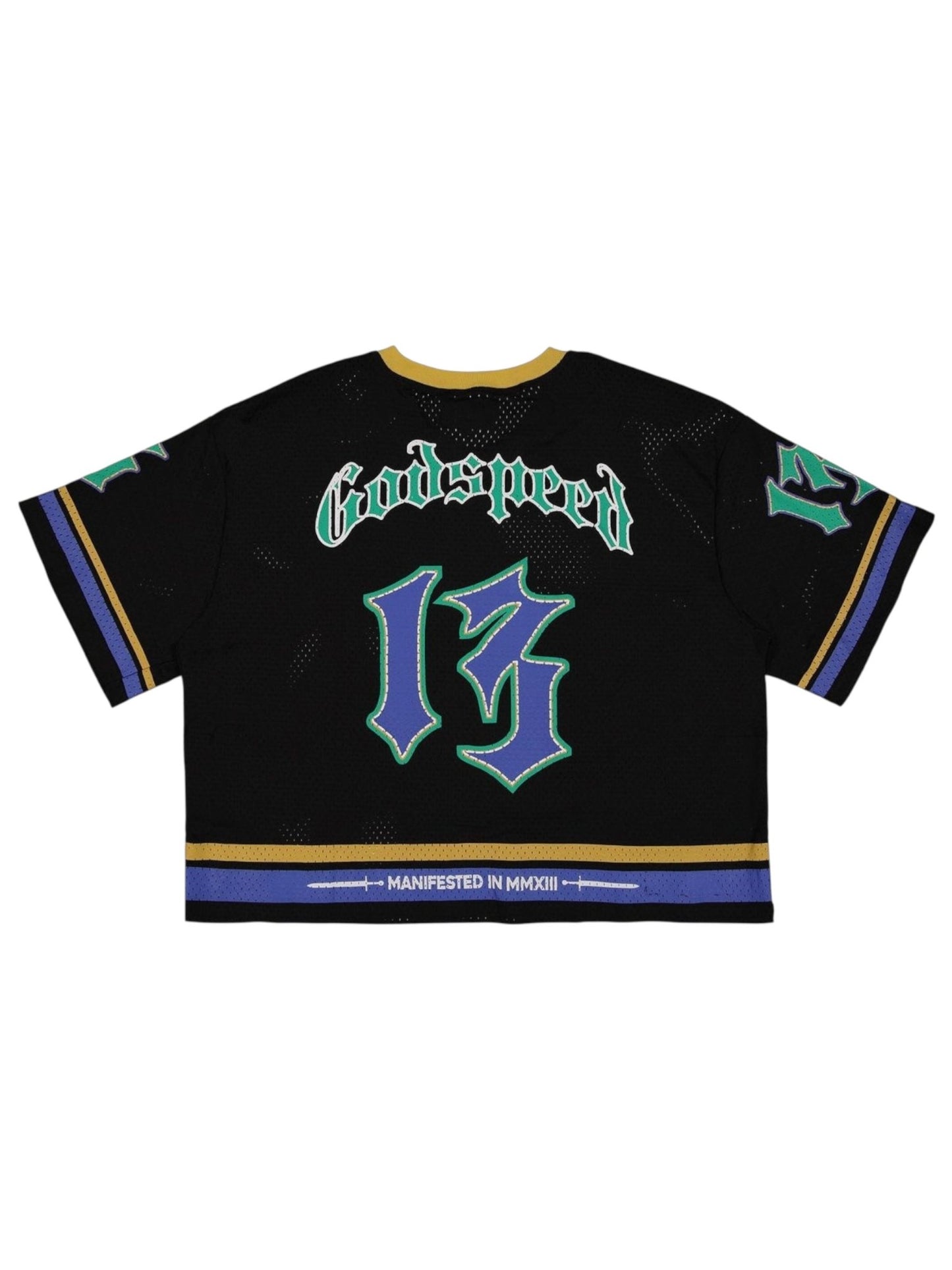 The GODSPEED First Down Jersey Black/Yellow/Blue features bold gold and blue trim, "Godspeed," a large 13, flaming skull graphic, and "Manifested in MMXIII" on the back—ideal for standout streetwear style.