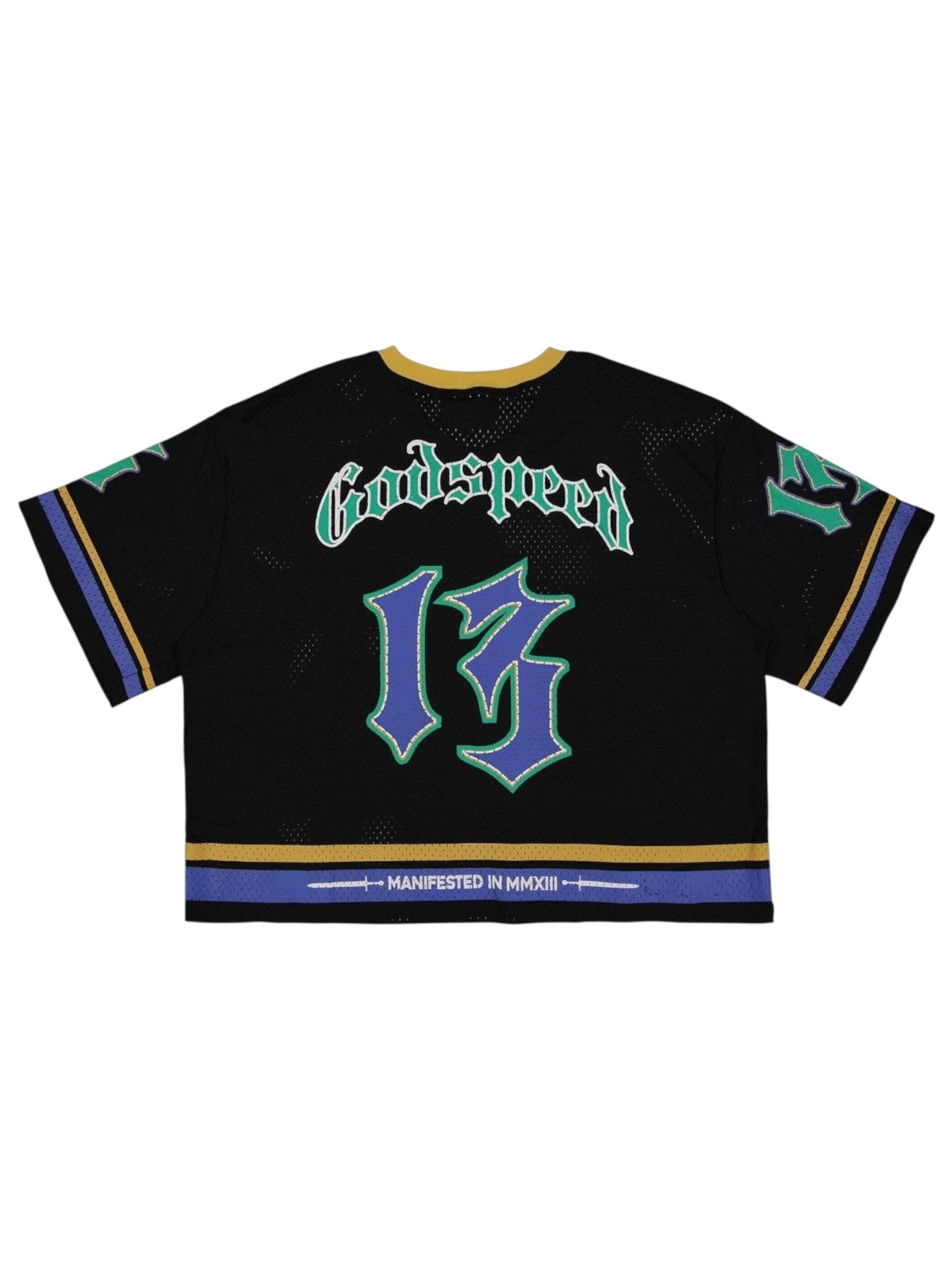 The GODSPEED First Down Jersey Black/Yellow/Blue features bold gold and blue trim, "Godspeed," a large 13, flaming skull graphic, and "Manifested in MMXIII" on the back—ideal for standout streetwear style.