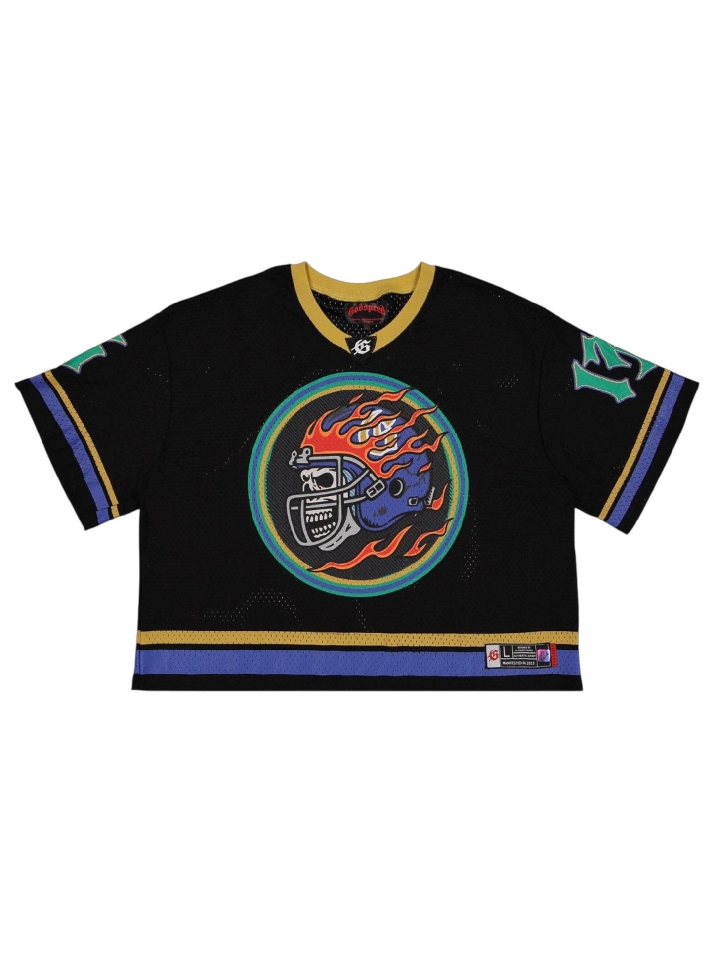 The GODSPEED First Down Jersey Black/Yellow/Blue features retro-sport style with yellow, green, and blue trim, a bold flaming skull graphic on the front, and a patch at the hem—ideal for streetwear enthusiasts.