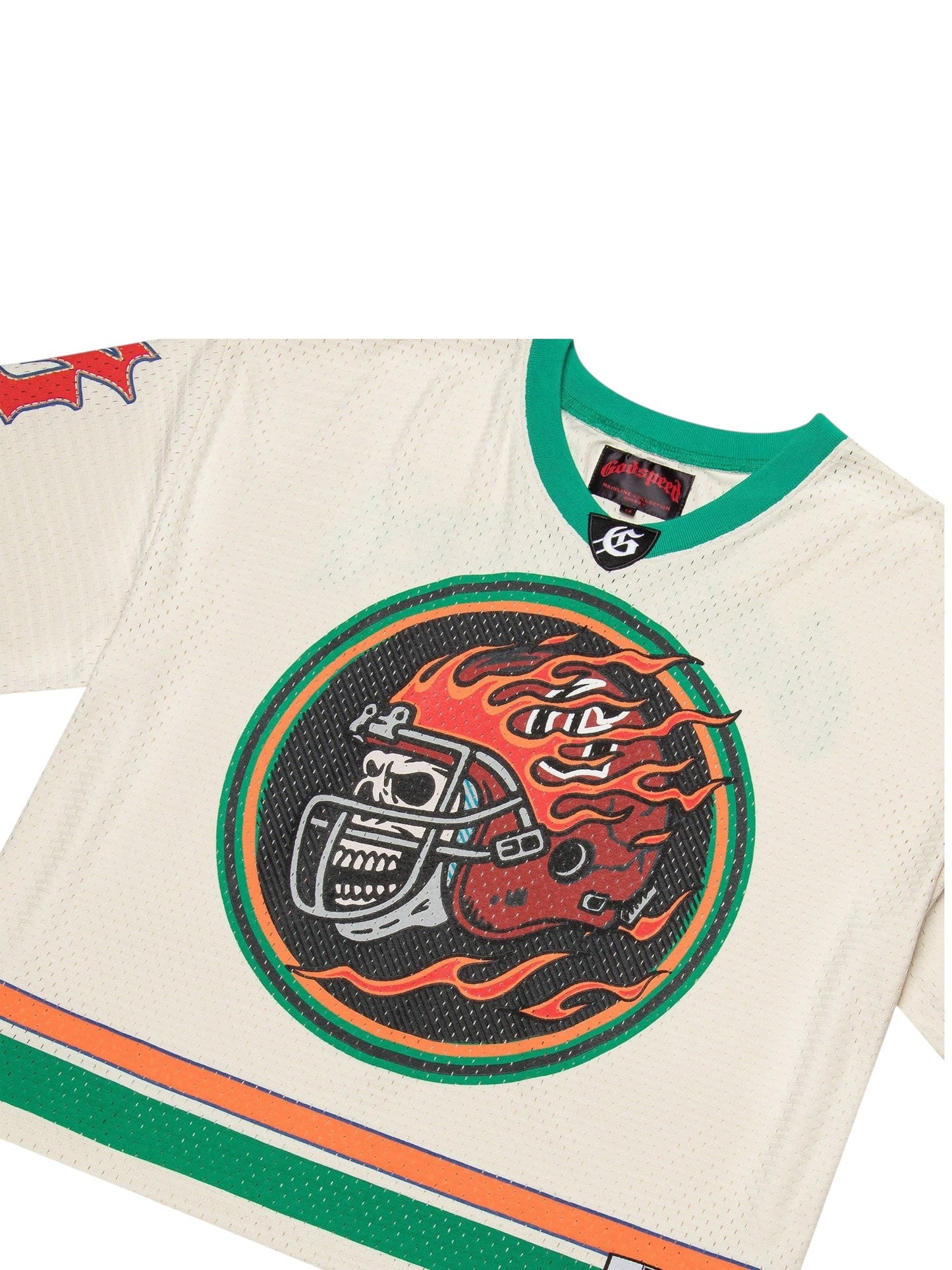 The GODSPEED First Down Jersey in bone, teal, and orange is 100% cotton with a bold flaming red football helmet logo, green collar, and orange-green stripes near the hem.