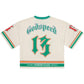 The GODSPEED Godspeed First Down Jersey Bone/Teal/Orange is a cream 100% cotton jersey featuring "Godspeed" and the number 13 in green, Bone/Teal/Orange stripes, and "Manifested in MMXIII" at the hem.