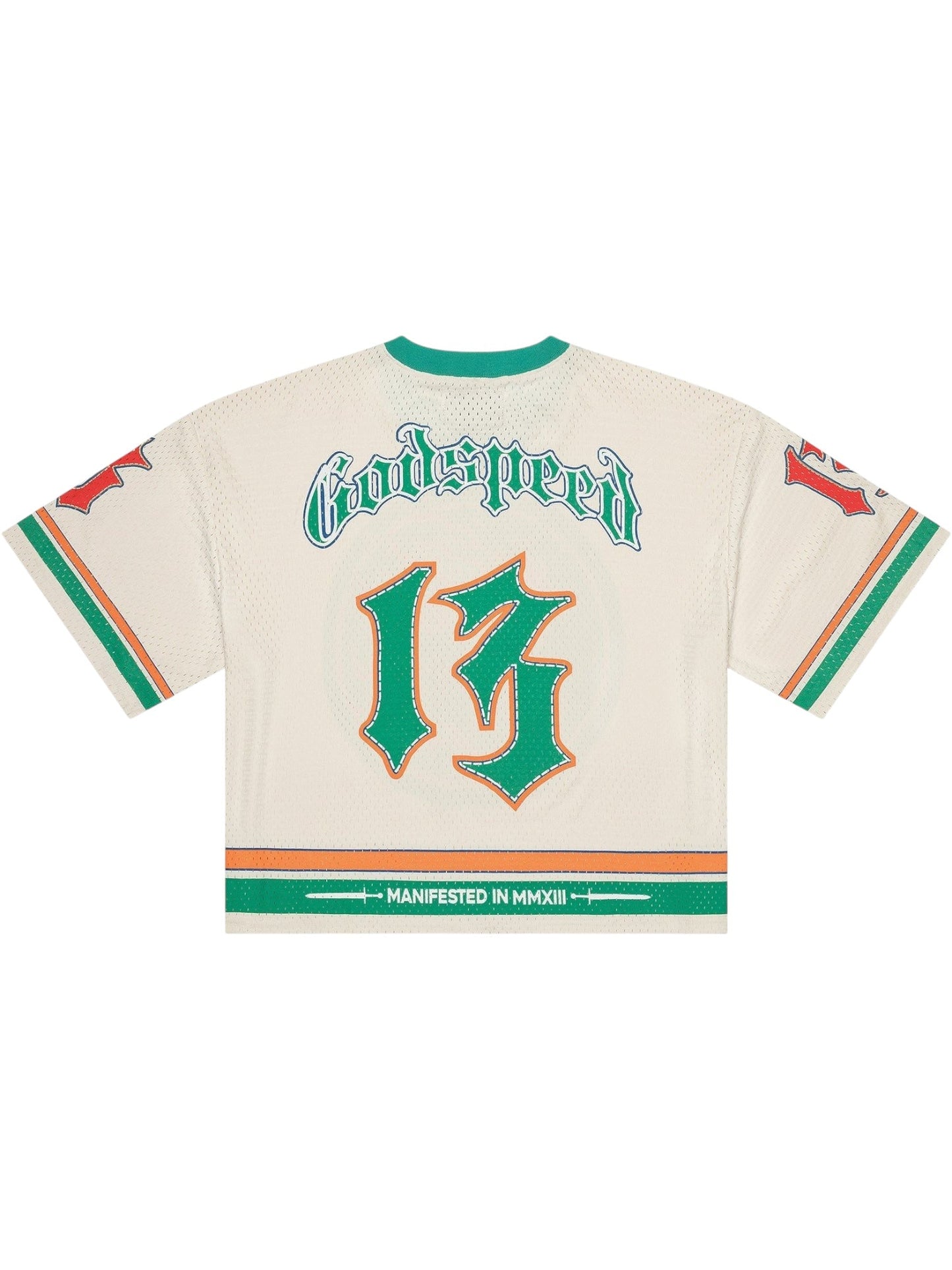 The GODSPEED Godspeed First Down Jersey Bone/Teal/Orange is a cream 100% cotton jersey featuring "Godspeed" and the number 13 in green, Bone/Teal/Orange stripes, and "Manifested in MMXIII" at the hem.