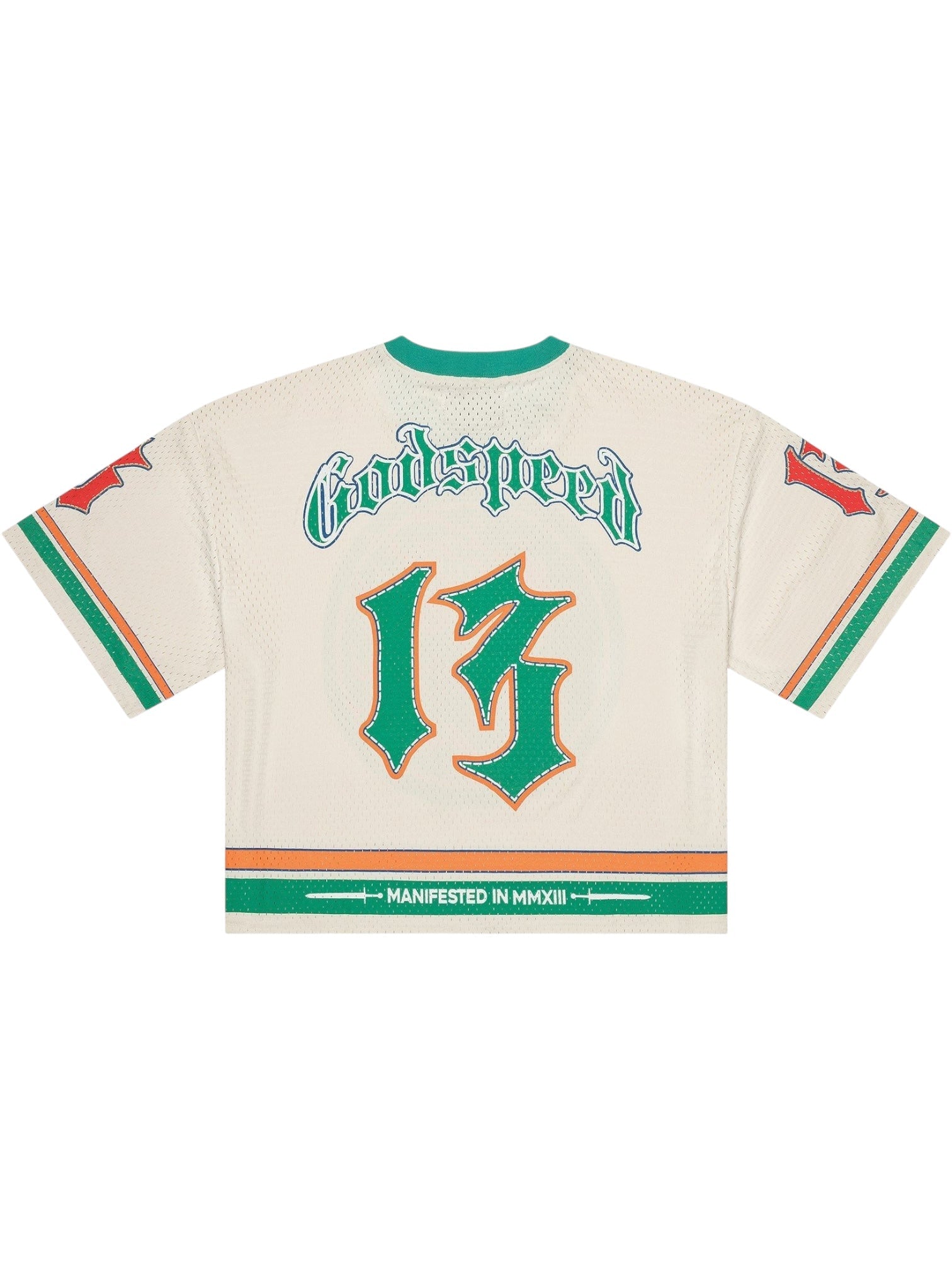 The GODSPEED Godspeed First Down Jersey Bone/Teal/Orange is a cream 100% cotton jersey featuring "Godspeed" and the number 13 in green, Bone/Teal/Orange stripes, and "Manifested in MMXIII" at the hem.