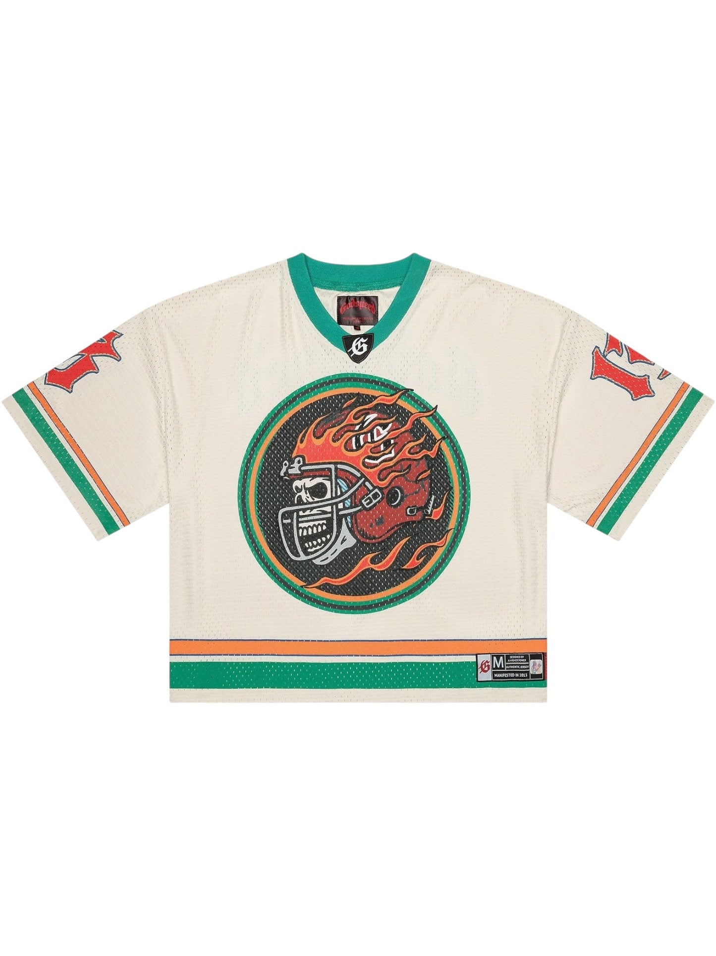 The GODSPEED First Down Jersey in Bone/Teal/Orange features green and orange stripes, a flaming football helmet graphic, and the number 45 on the sleeves. Made from 100% cotton for comfort.